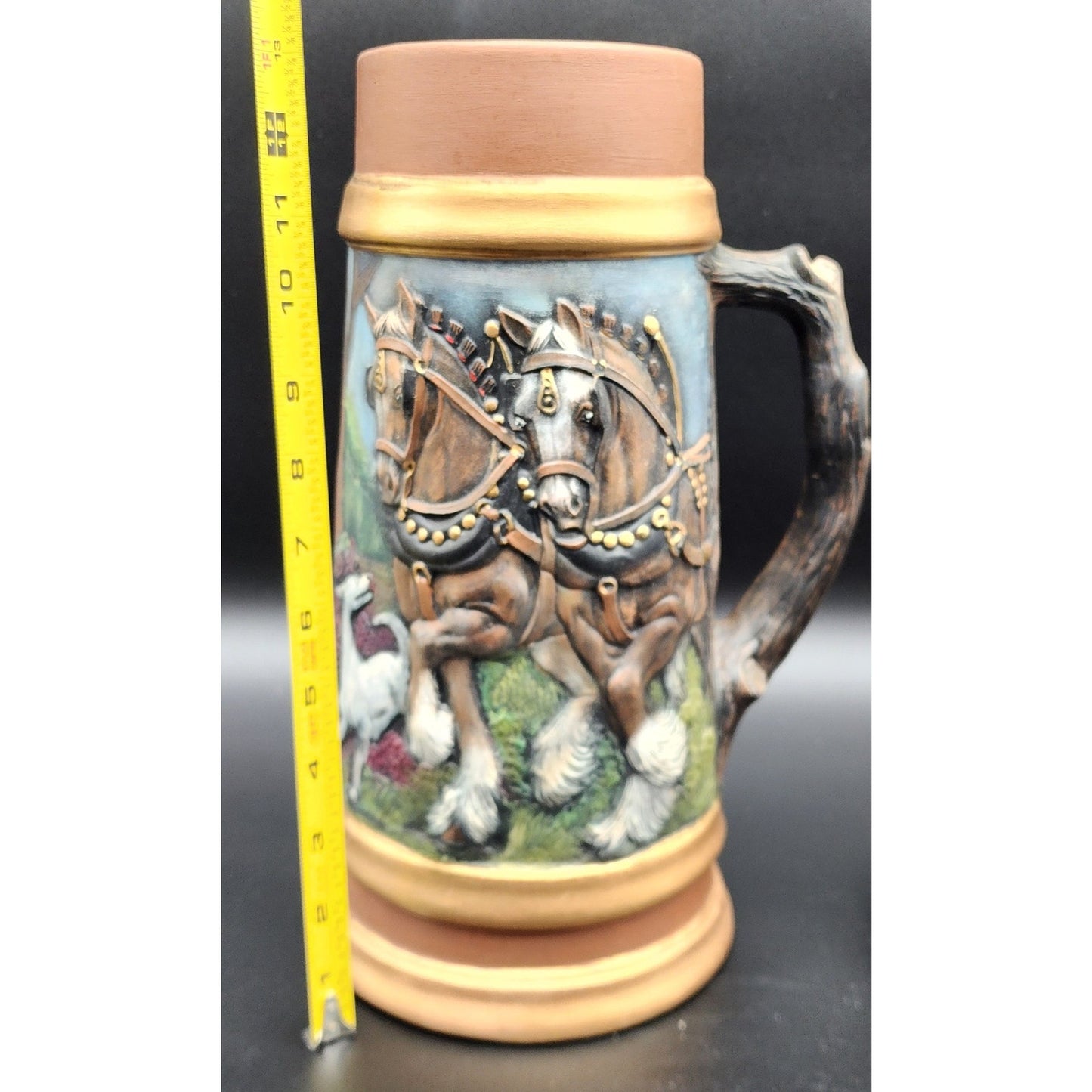 Vintage 18.5" German Horse Head Lidded Beer Stein Raised Relief Hand Painted