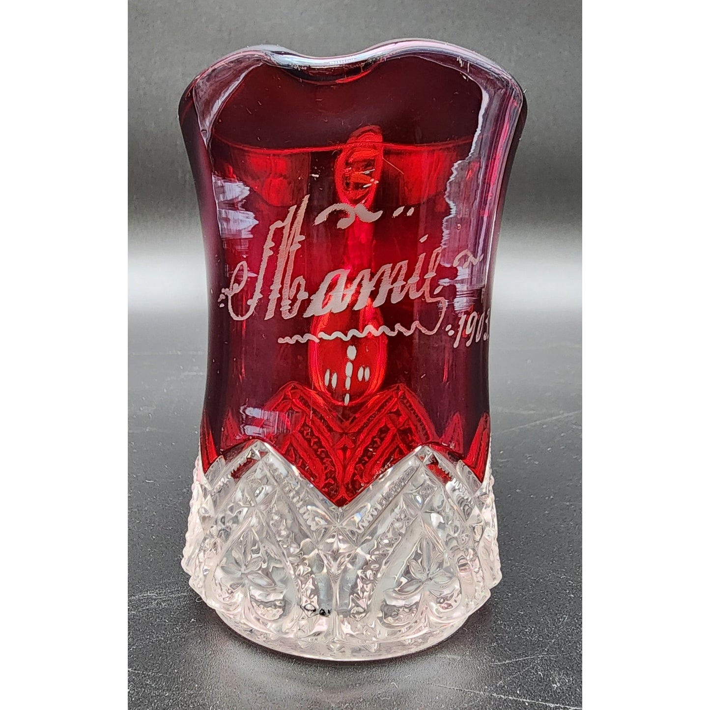1903 Ruby Stained Cut Glass Pitcher Souvenir Etched Name 4.25” Antique