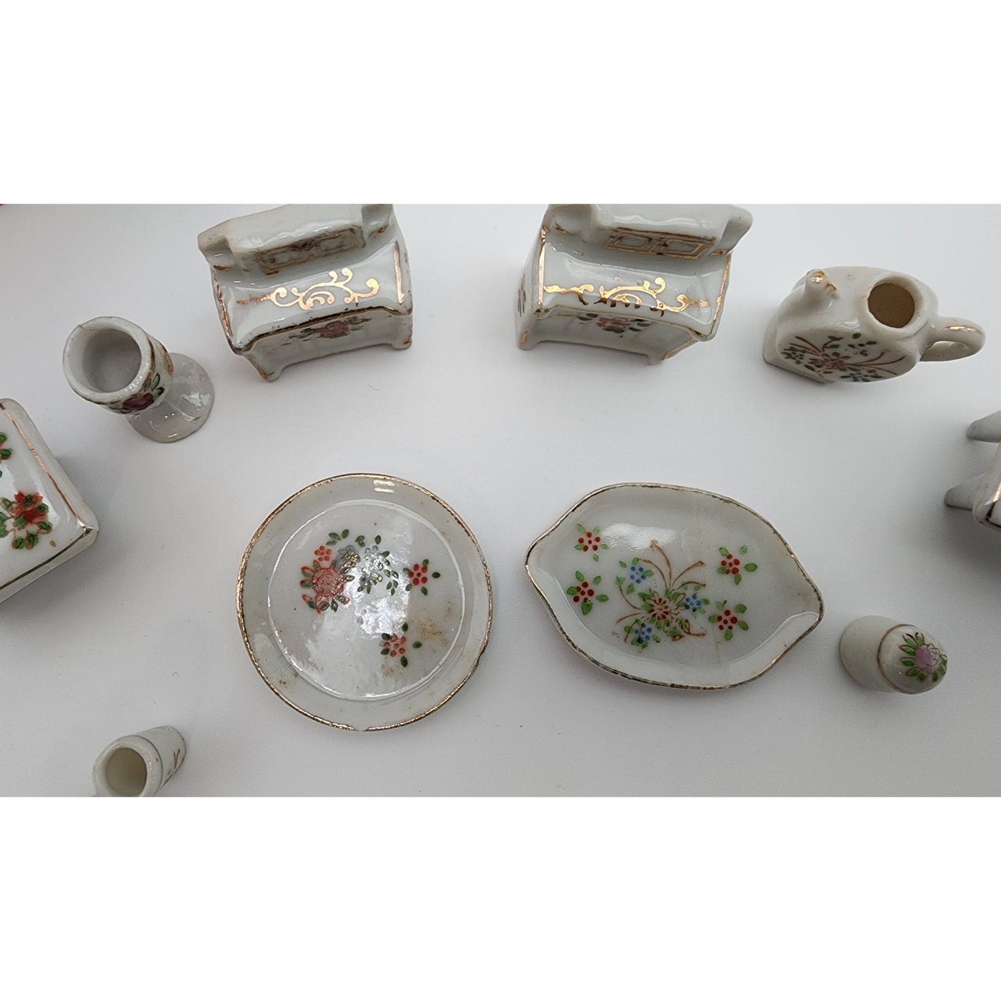 Vintage Porcelain Miniature Dollhouse Furniture Set 19pc Floral 22K Gold Japan