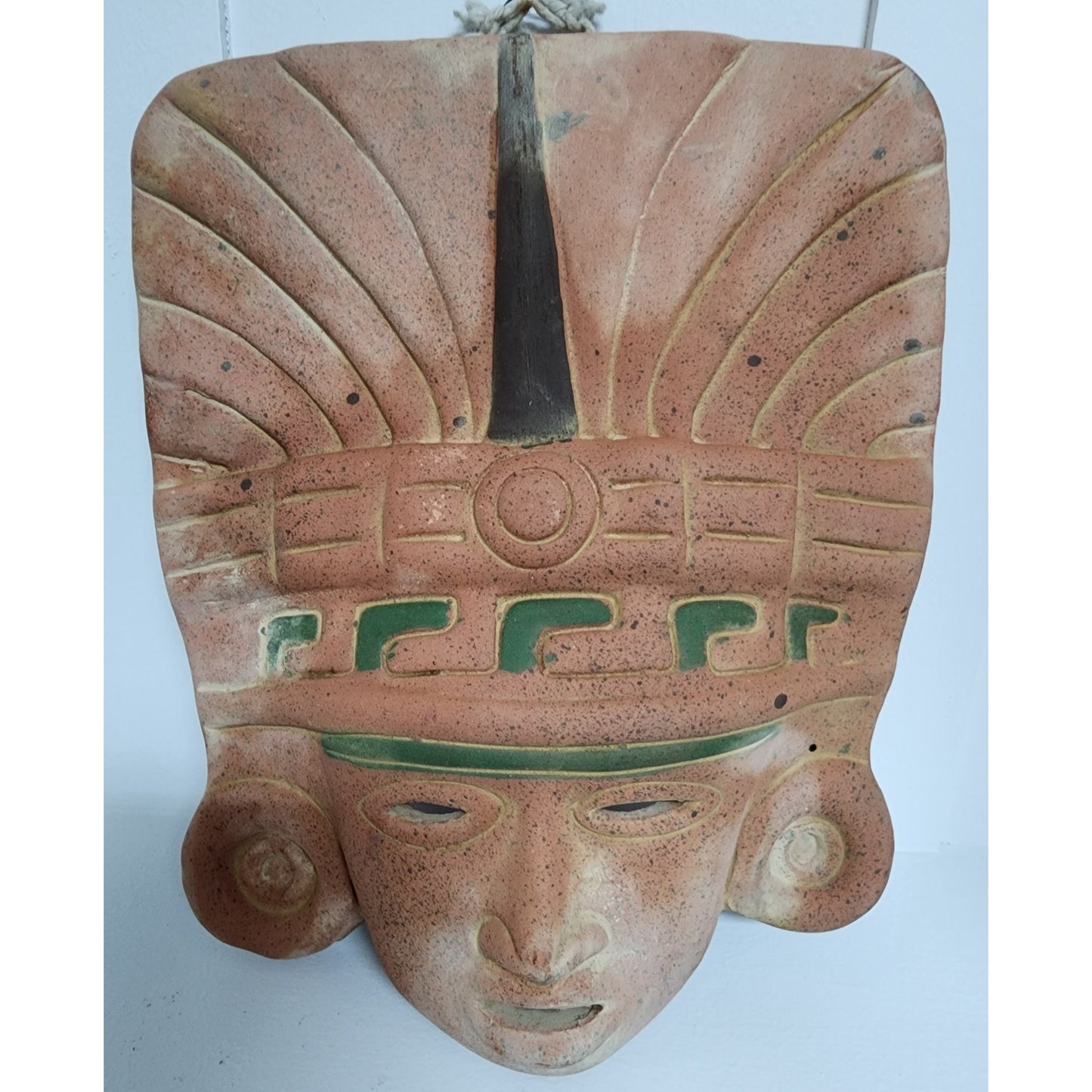 Vintage Terracotta Clay Mask Aztec Mayan Style Wall Art 12” Handcrafted Mexico