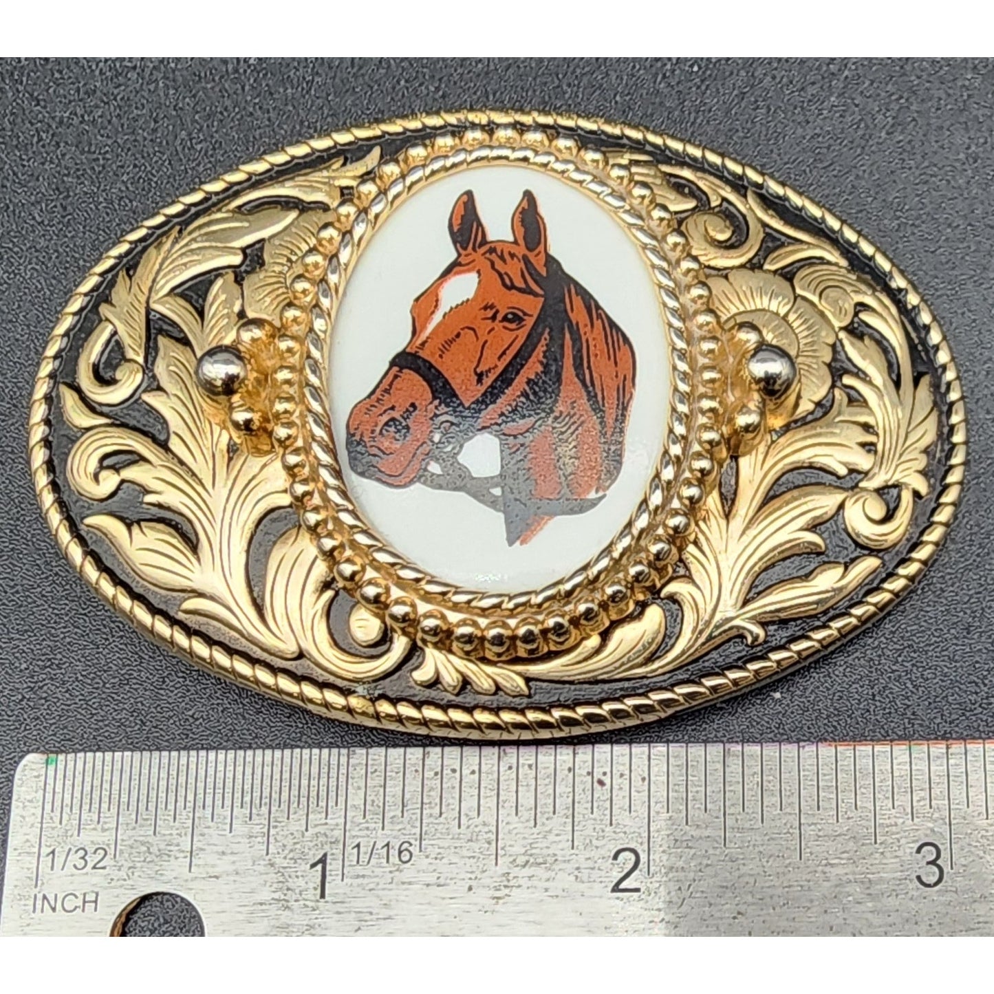 Vintage Brass Horse Head Belt Buckle with Porcelain Cameo 3.25" Western