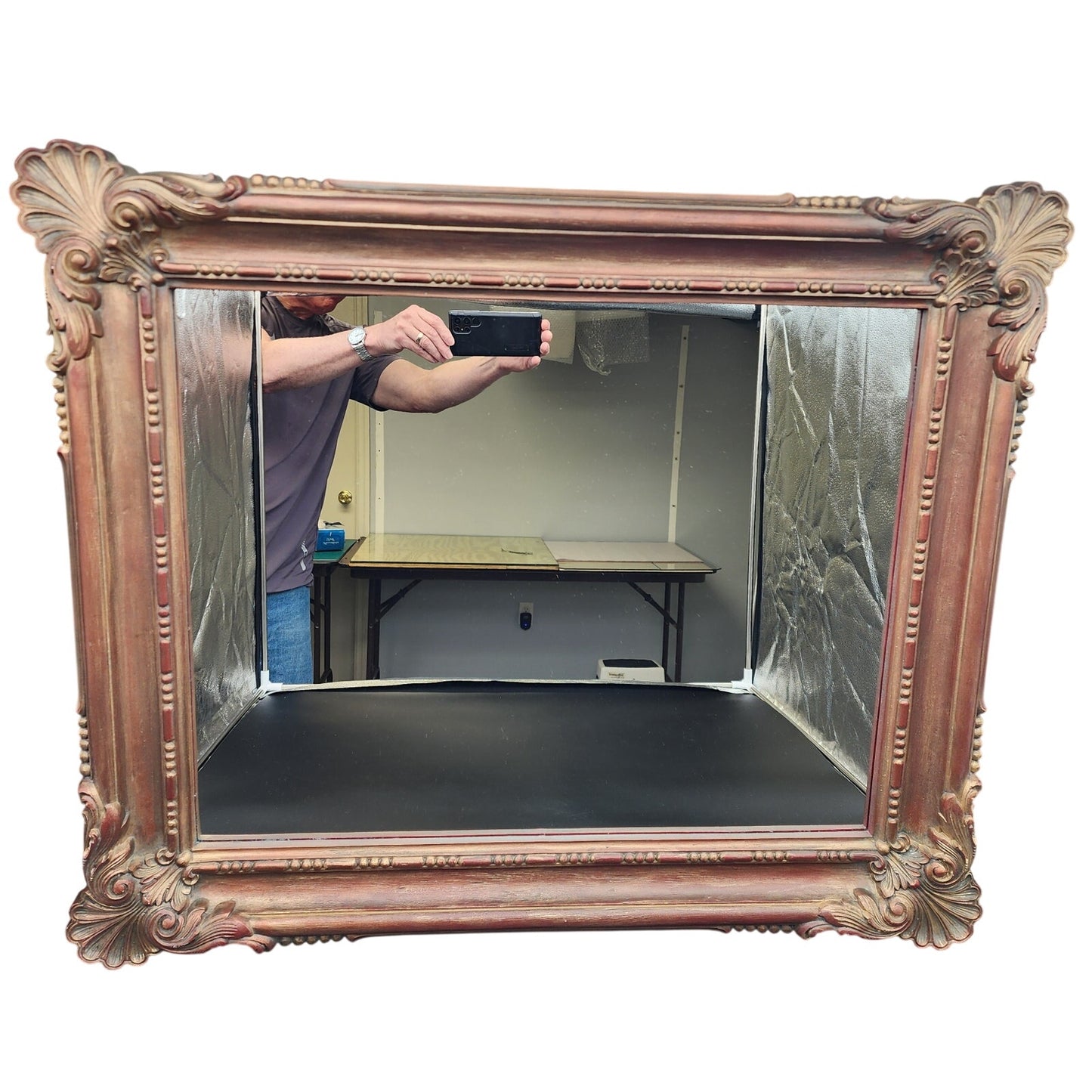 Vintage Ornate Faux Wood Mirror 36 x 30.5 Carved Scroll Frame Excellent
