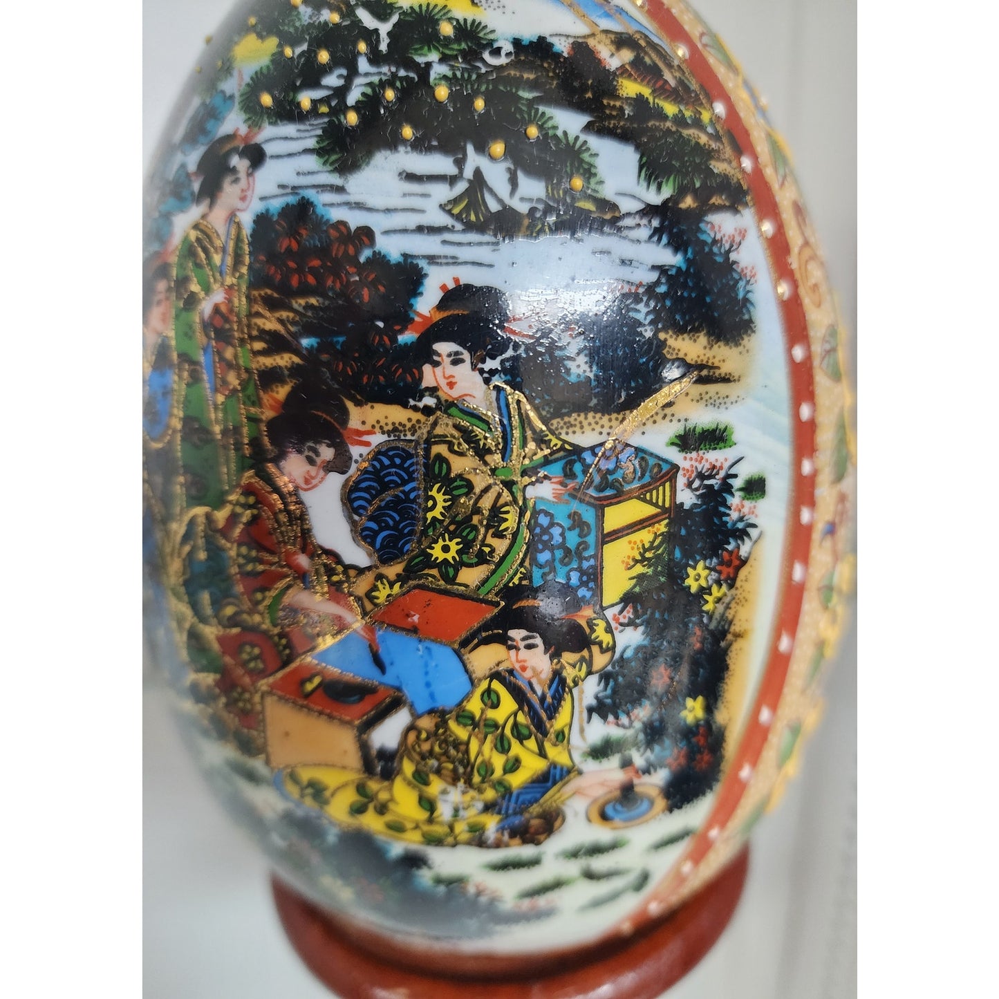 Japanese Porcelain Egg w/ Geisha Garden Scene Gold Gilt Raised Relief -Wood Base