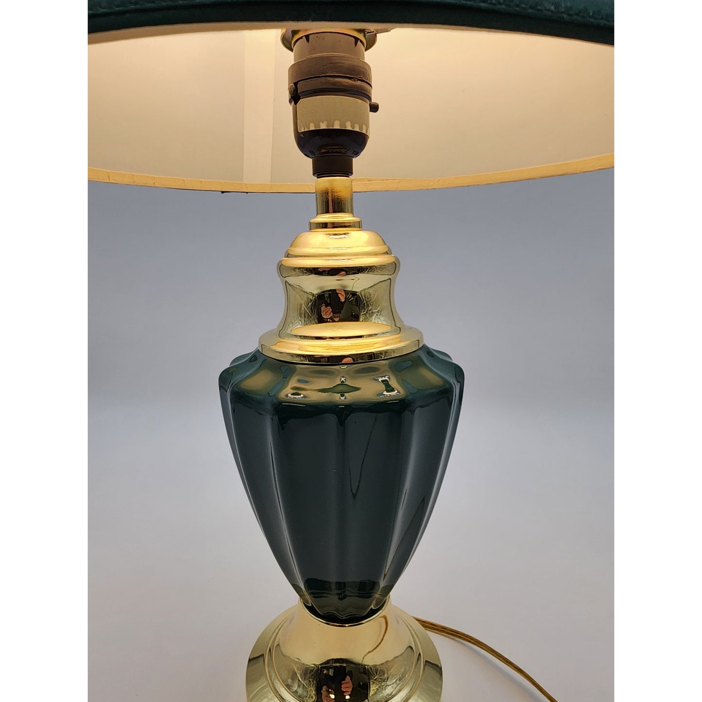 Modern Vintage Forest Green Ceramic & Gold Table Lamp 21" Tall w/ Pleated Shade