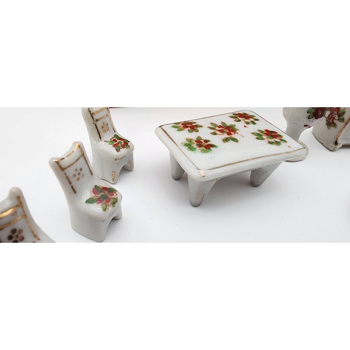 Vintage Porcelain Miniature Dollhouse Furniture Set 19pc Floral 22K Gold Japan