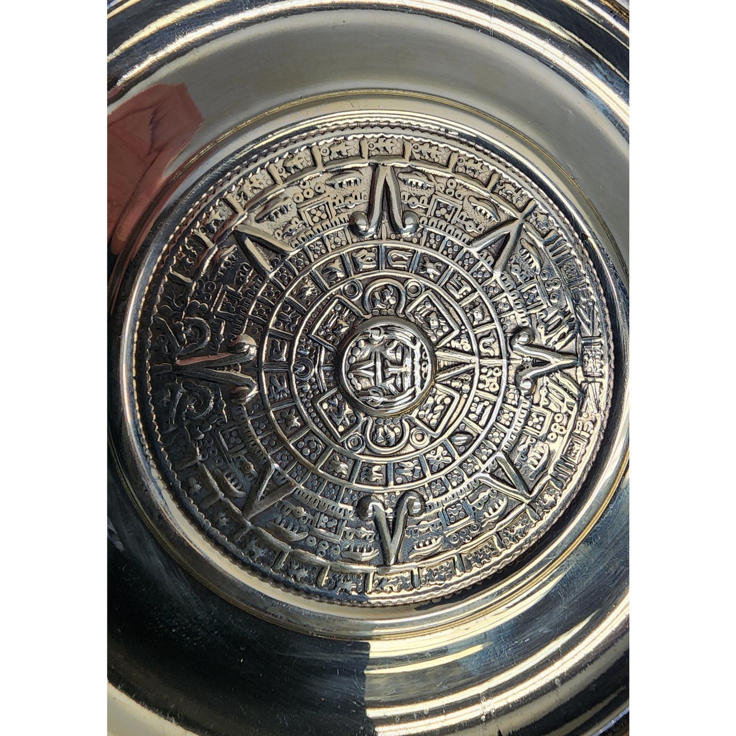 Vintage Mayan Calendar Plate – Alpaca Silver & Abalone Shell – Mexico Aztec Art