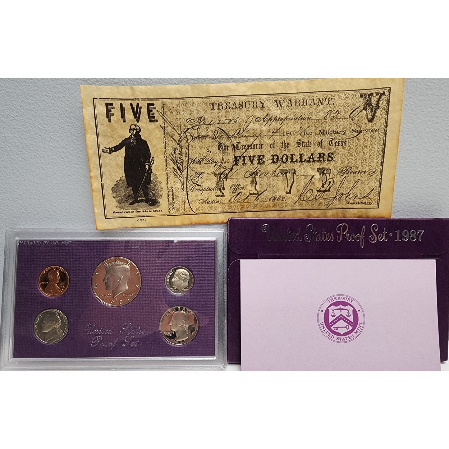 1987 U.S. Proof Set + Treasury Spec Card + 1862 Texas $5 Confederate Note Repro