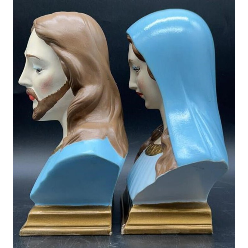 VTG Holland Mold Jesus & Mary Hand-Painted Ceramic Busts 5×3.75×7″