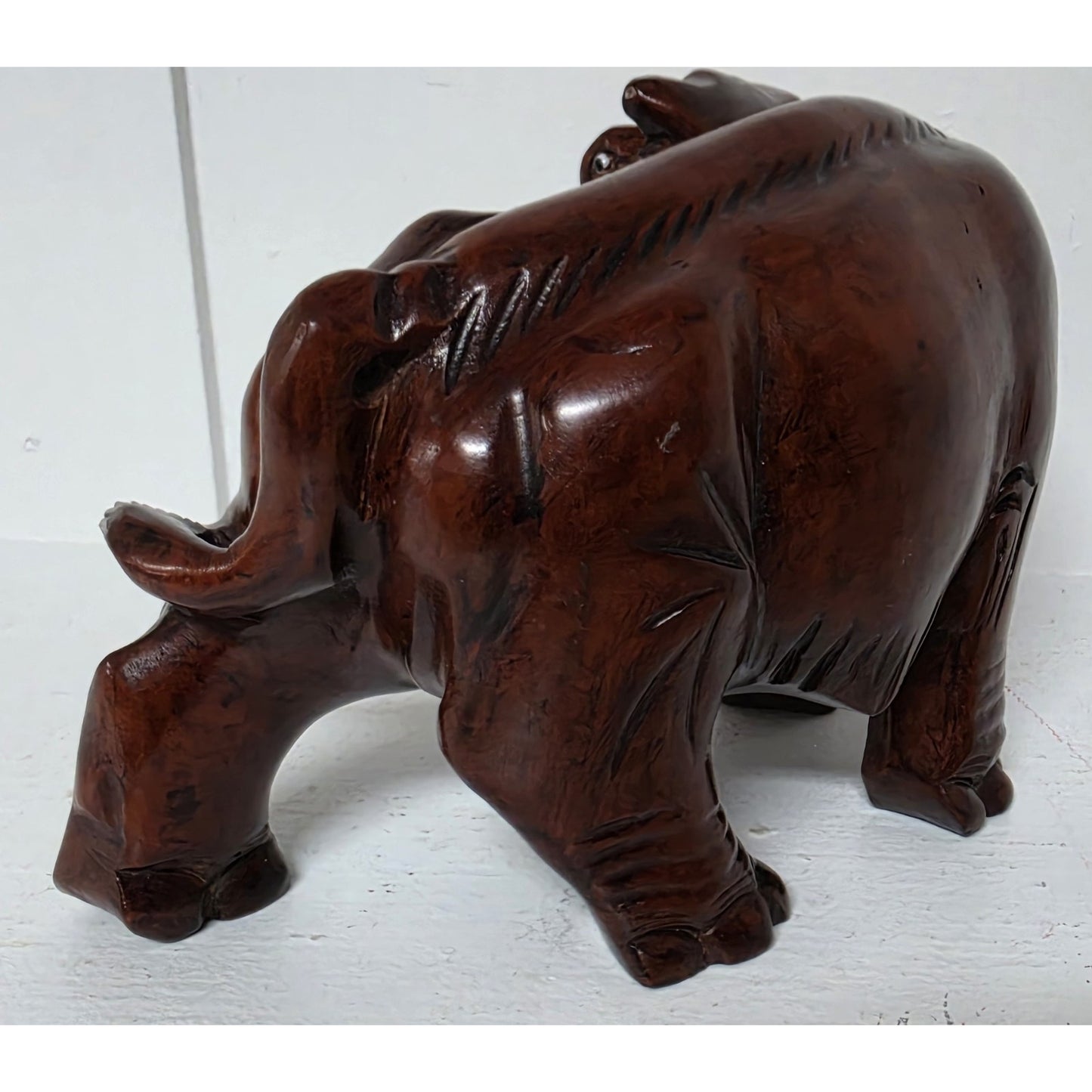 Vintage Hand‑Carved Mahogany Elephant Figurine 6" Wide Solid Wood Sculpture Nice