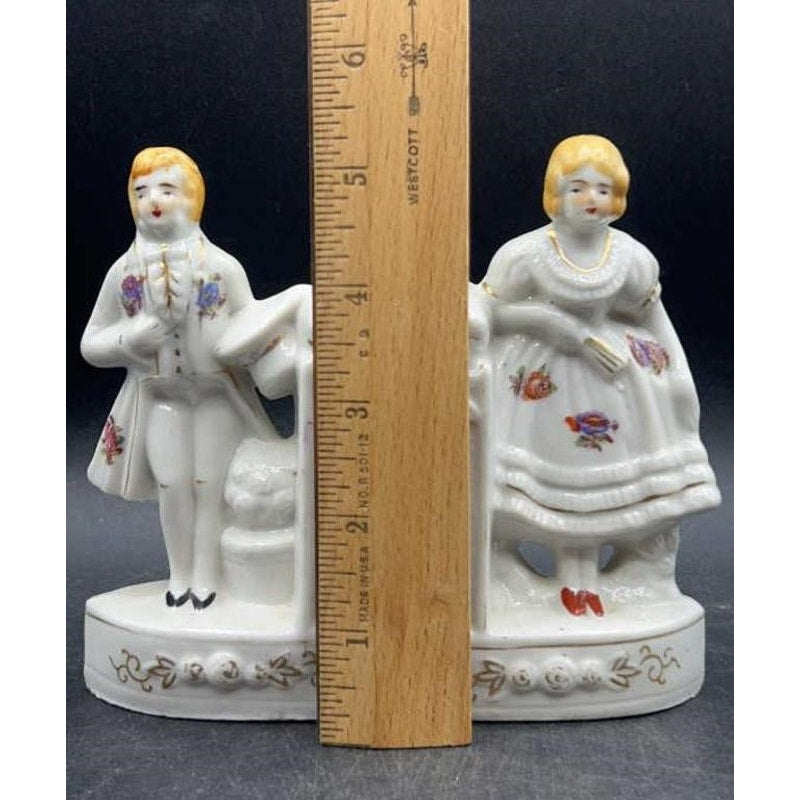 VTG Japanese Porcelain Colonial Man & Woman Bookends Hand-painted; 22K Gold Accent 5.25"