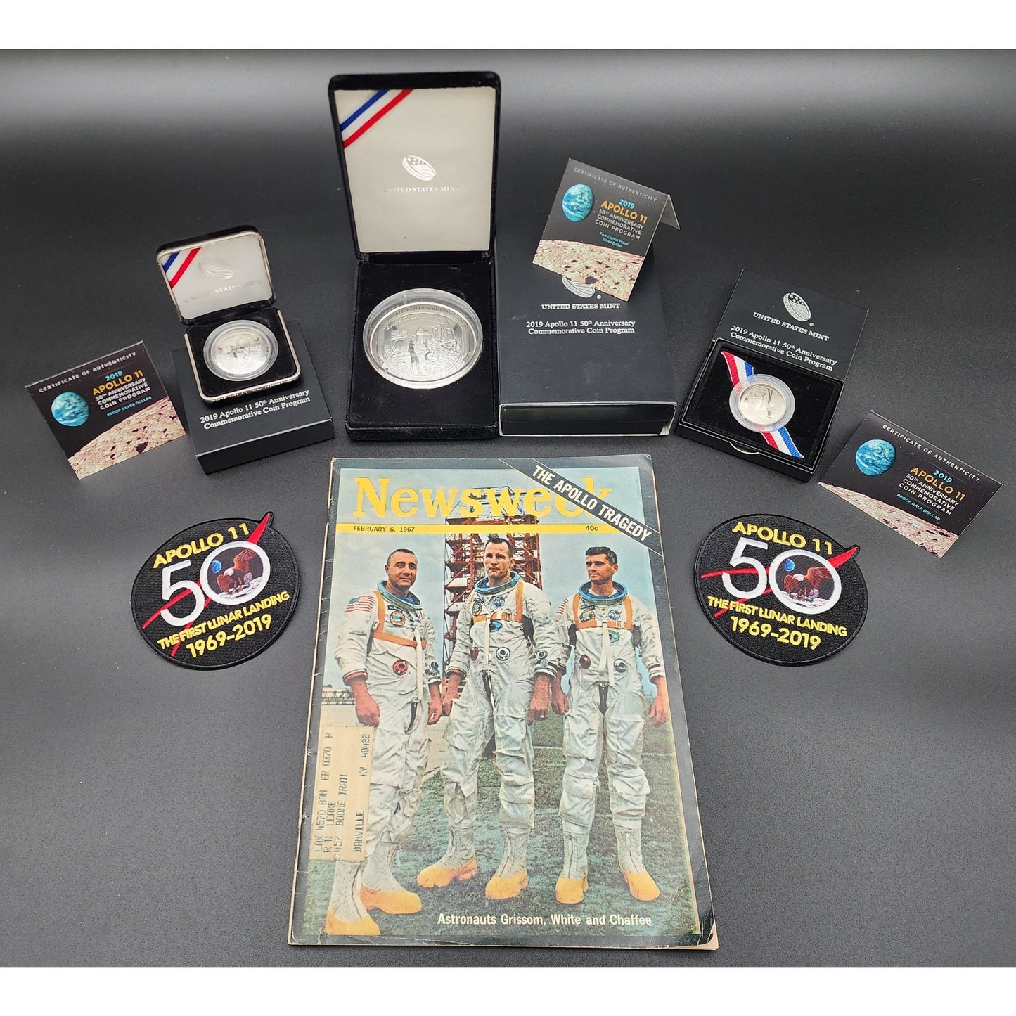 Apollo 11 50th Anniversary 5oz, 1oz + Half Dollar Proof Sets with OGP & CoAs with 1967 Newsweek, Man on the Moon Stamps, 50th Anniversary Embroidered Patches