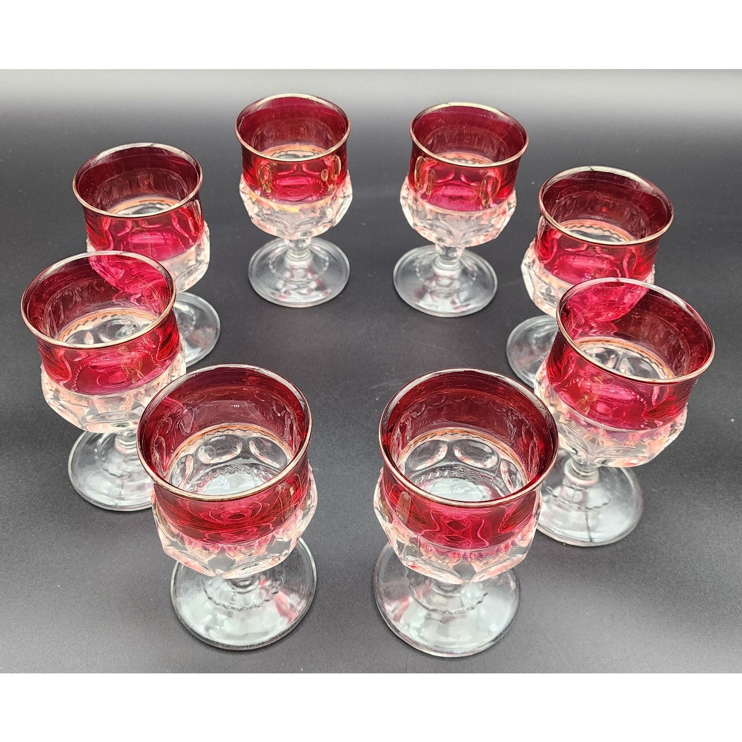 8 Kings Crown Thumbprint Ruby Flash Goblets 4.3" Vintage Glass Set