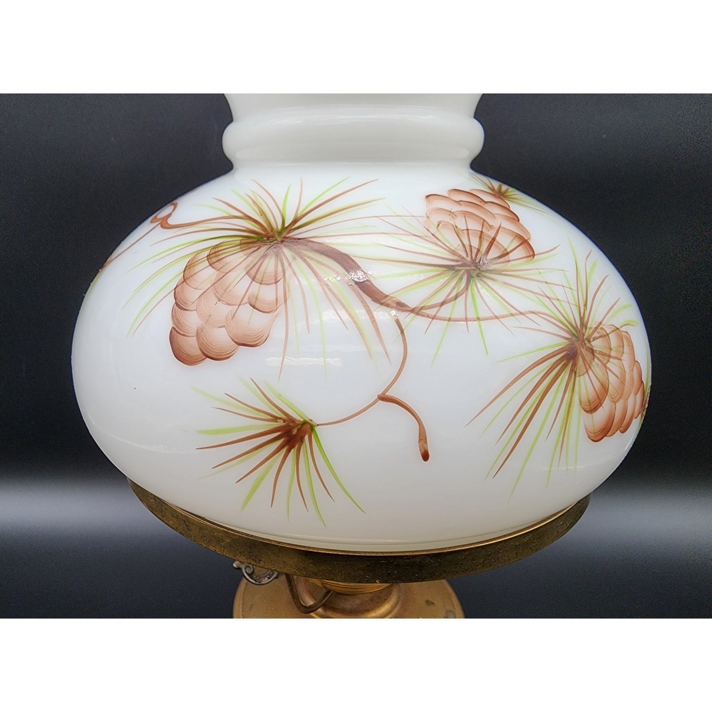 Vintage Brass Table Lamp w/ Hand‑Painted Pinecone Milk Glass Shade, 16.5"  Tall