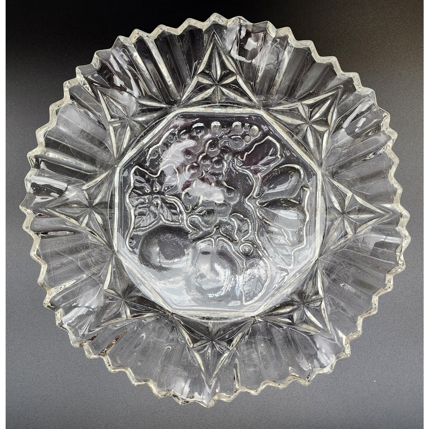 Vintage 11" Indiana Glass Bowl Grapevine Motif Scalloped Fluted Rim Elegant