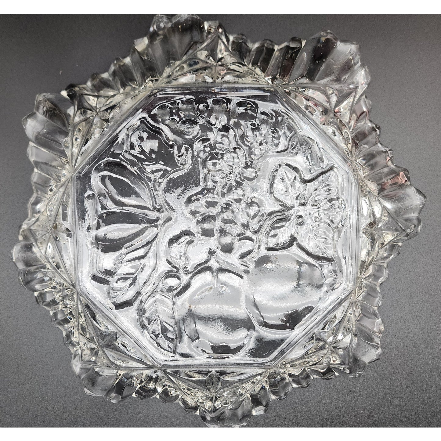 Vintage 11" Indiana Glass Bowl Grapevine Motif Scalloped Fluted Rim Elegant