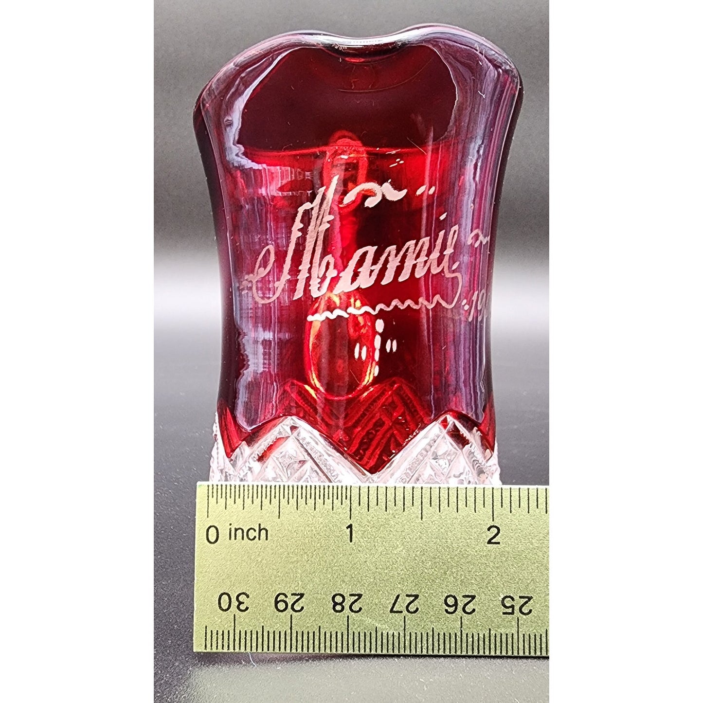 1903 Ruby Stained Cut Glass Pitcher Souvenir Etched Name 4.25” Antique