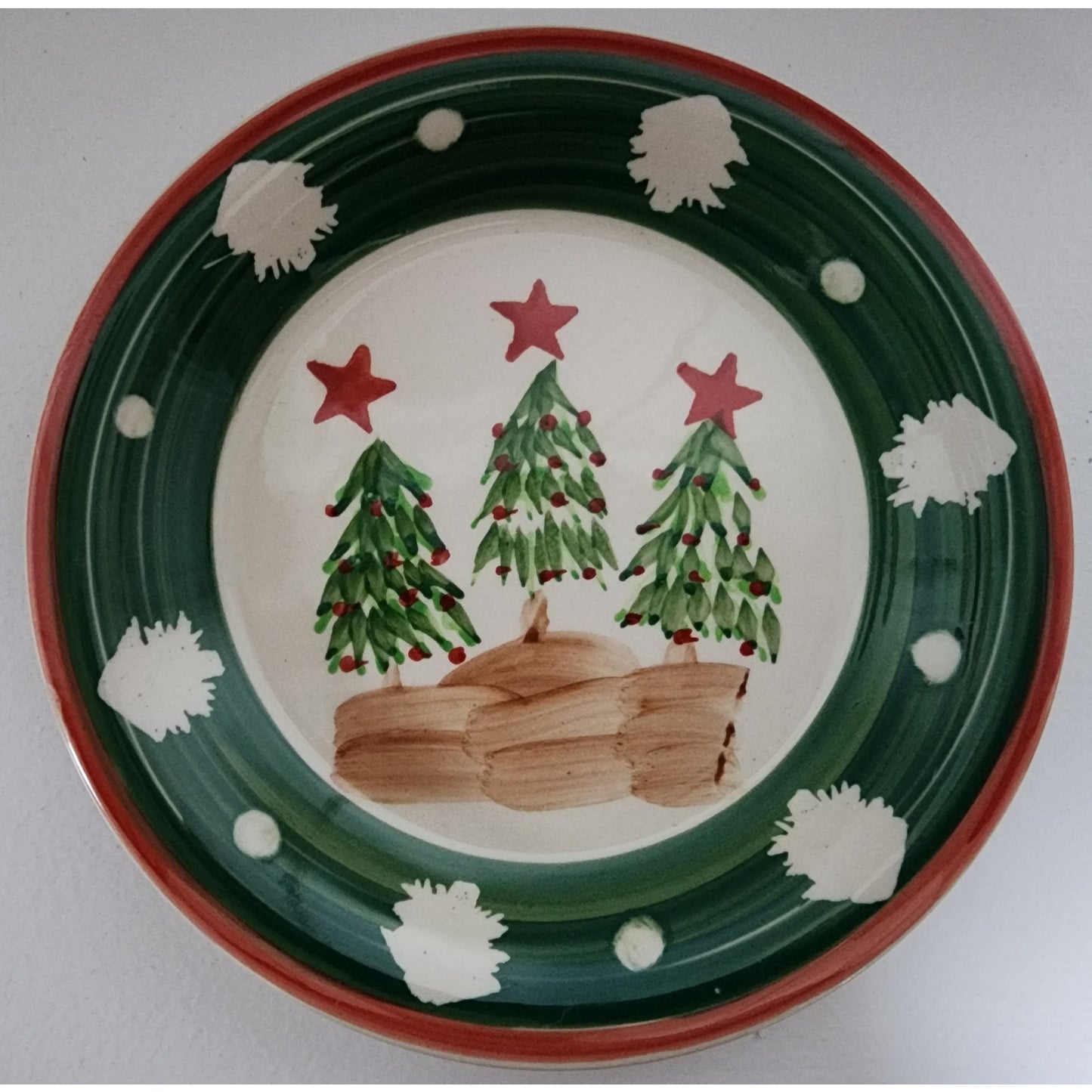 VTG Chinese Stoneware Christmas Dinnerware Set Hand Painted Trees 24 Pc - Rare