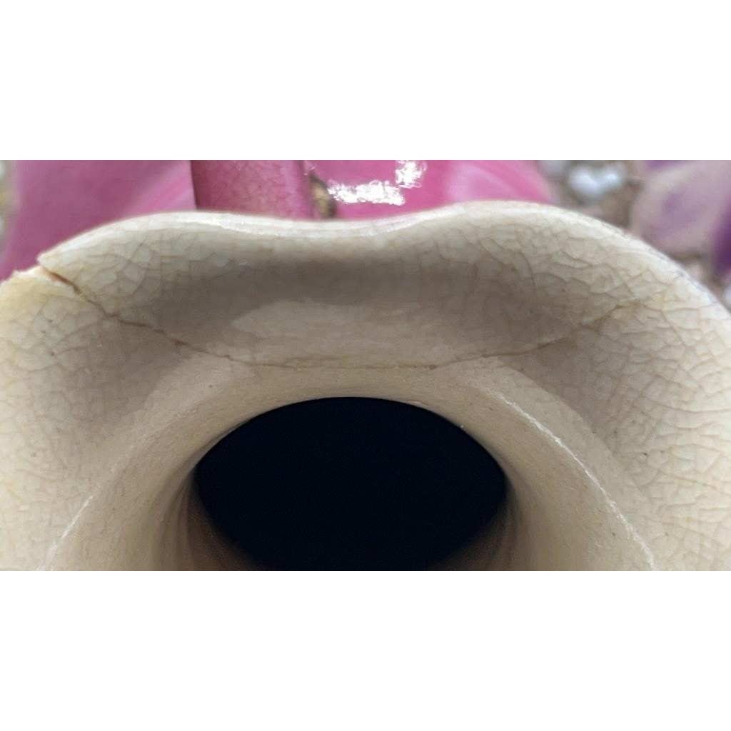 Victorian Pink Pottery Vase 9.5" – Embossed Floral, Handles, Repaired Chip