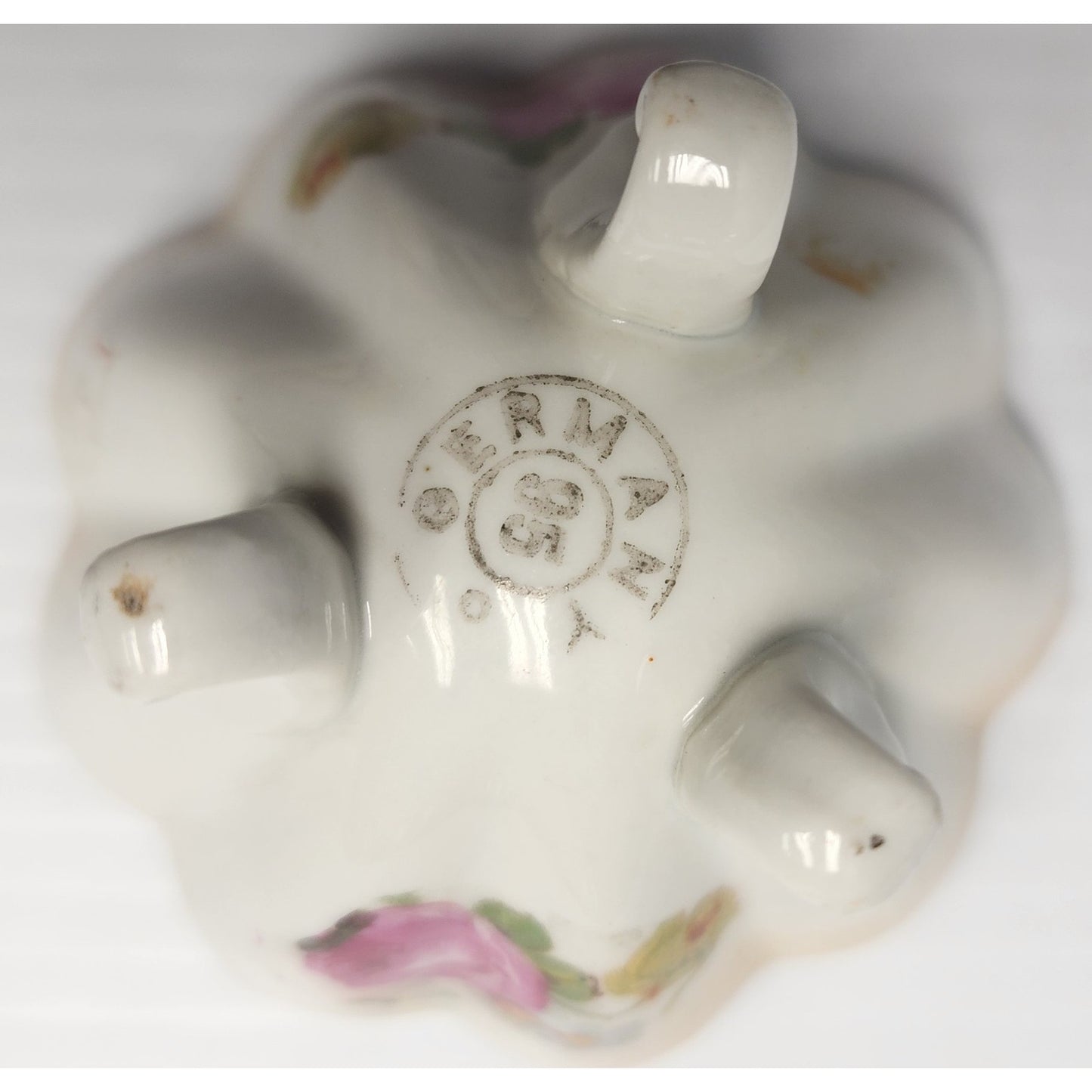 Antique German Hand Painted Porcelain Bowl Set 3pc Floral Scalloped Pedestal