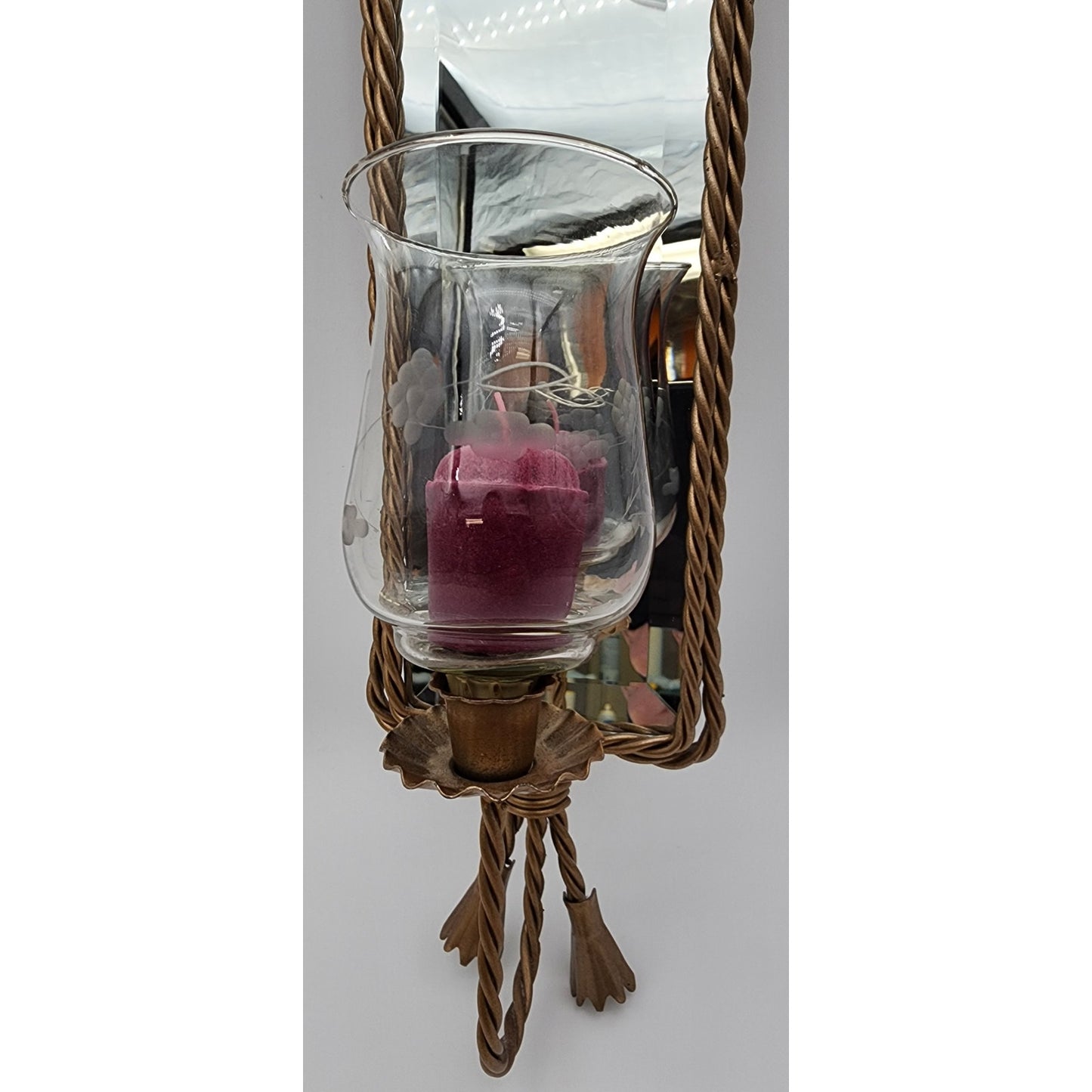 Antique Gold Wall Mirror Candle Holder – Etched Glass Hurricane w/ Purple Candle
