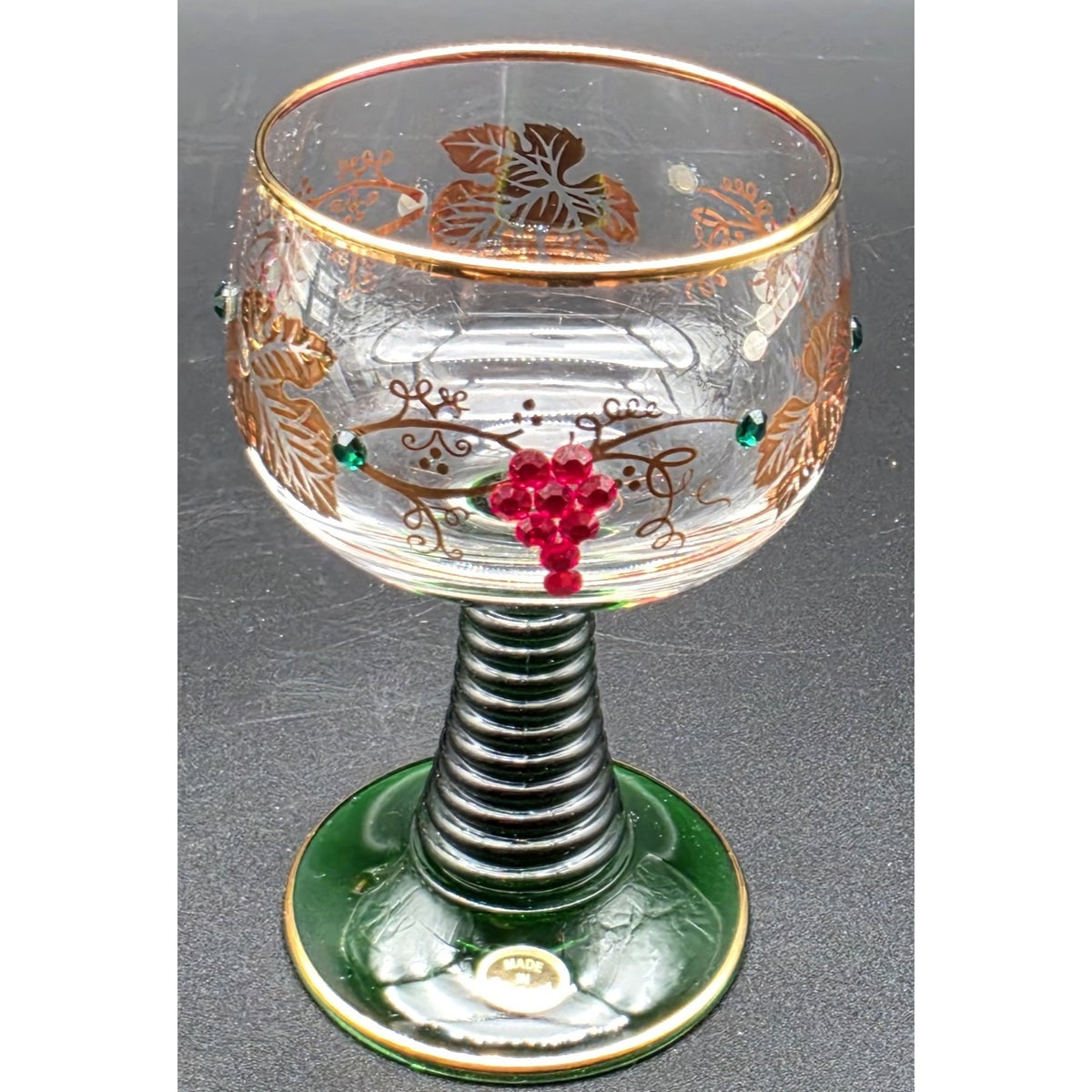 Vtg Bockling German Romer Wine Glasses Green Stem Gold Gilt Rhinestones Set 8