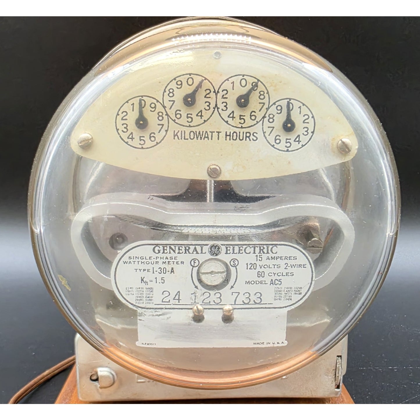 Vintage 24.5" GE KWH Meter 3‑Way Lamp w/ Burlap Shade & Wood Base Works - Rare