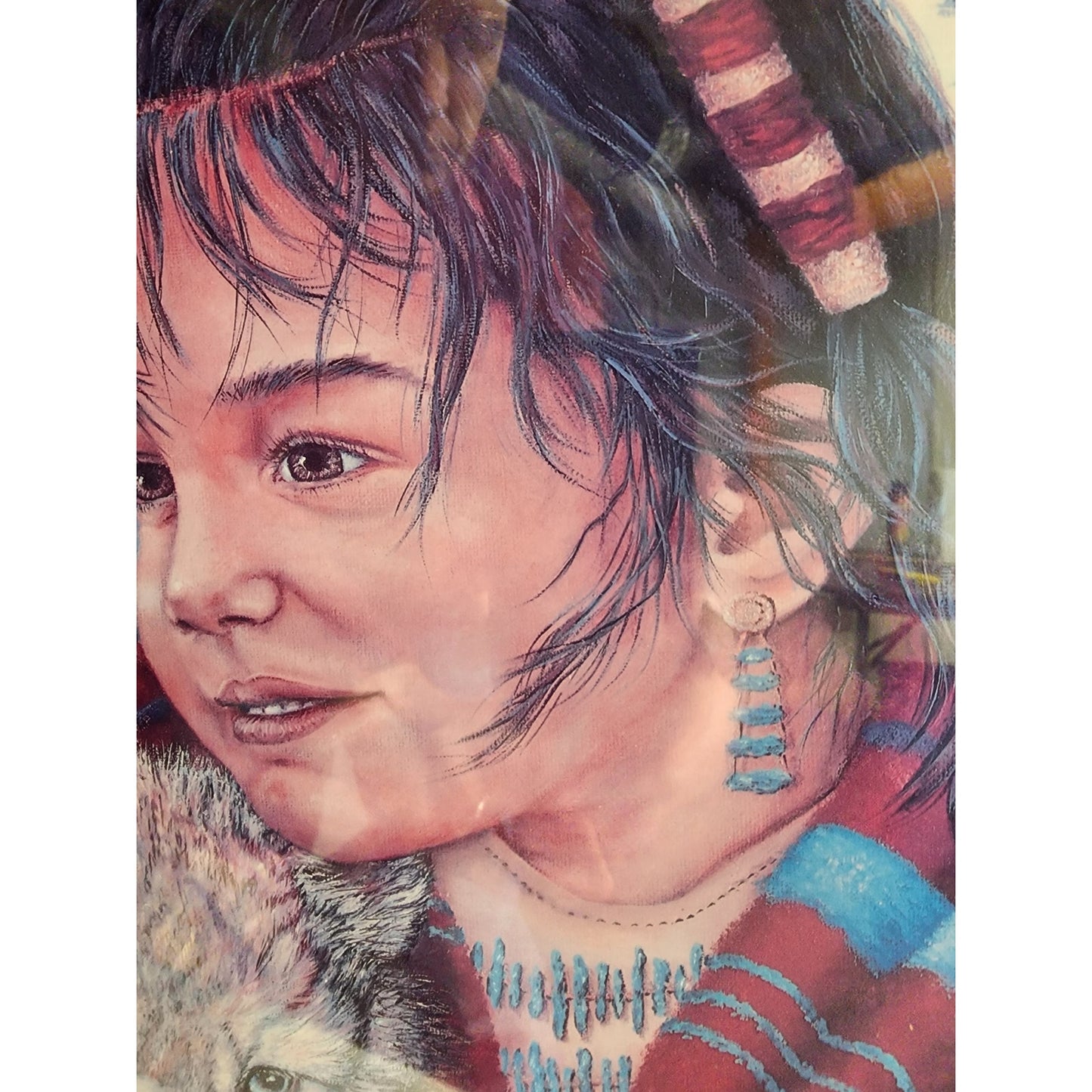 VTG Jonnie’ Ko Kostoff Signed Serigraph Native American Girl w/ Wolf Pup 1990