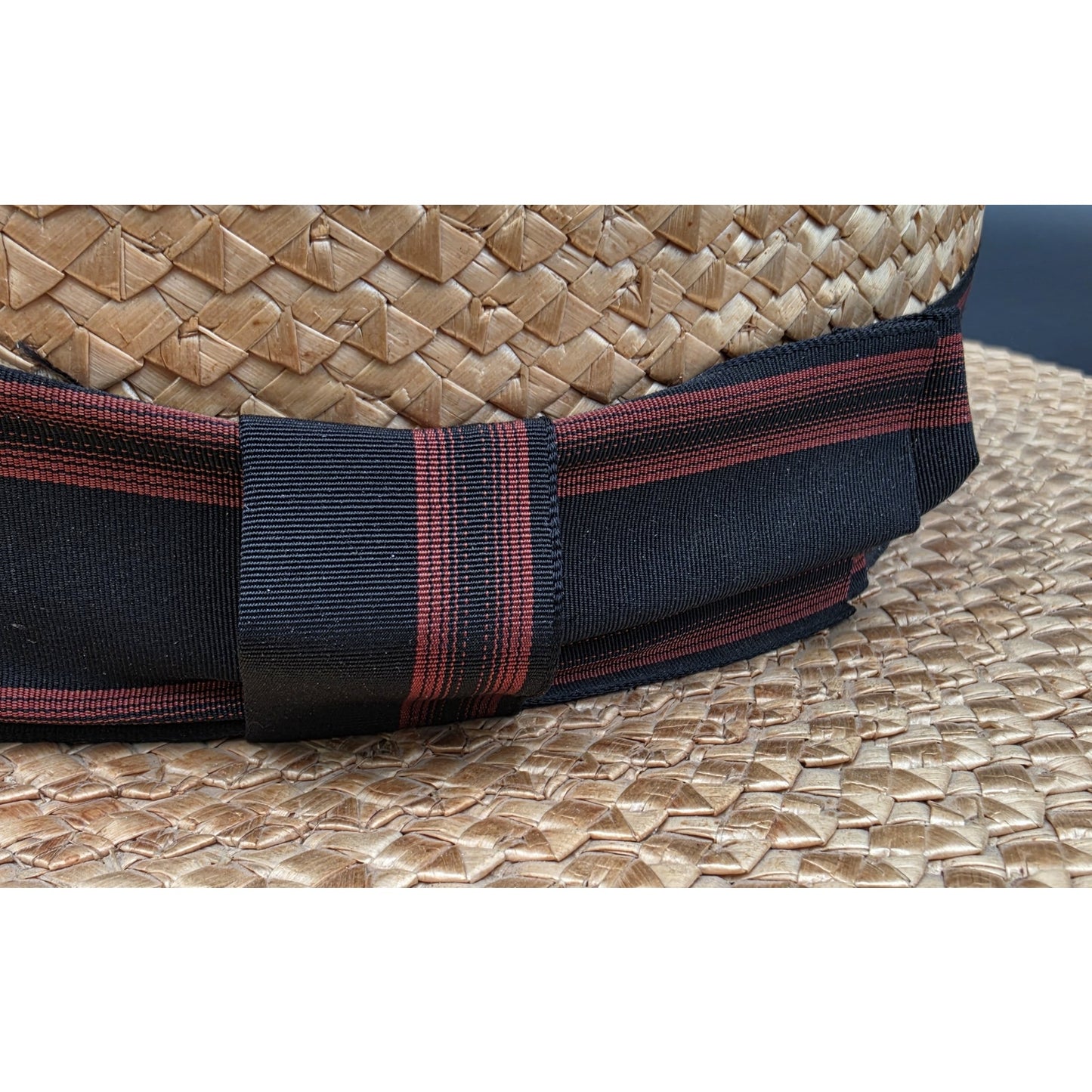 Vintage Dobbs Fifth Ave Tan Straw Boater Hat w/ Black & Red Ribbon 6oz - Nice