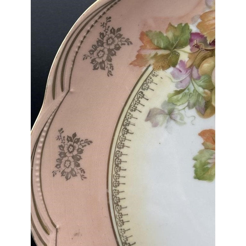 Antique German Porcelain Bowl Grapes Gold Trim Pink Rim Scalloped 12"