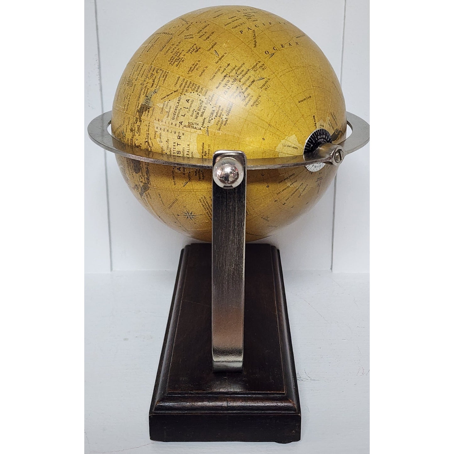 Vintage 360° Rotating World Globe on Walnut Base w/ Nickel Axis Rings