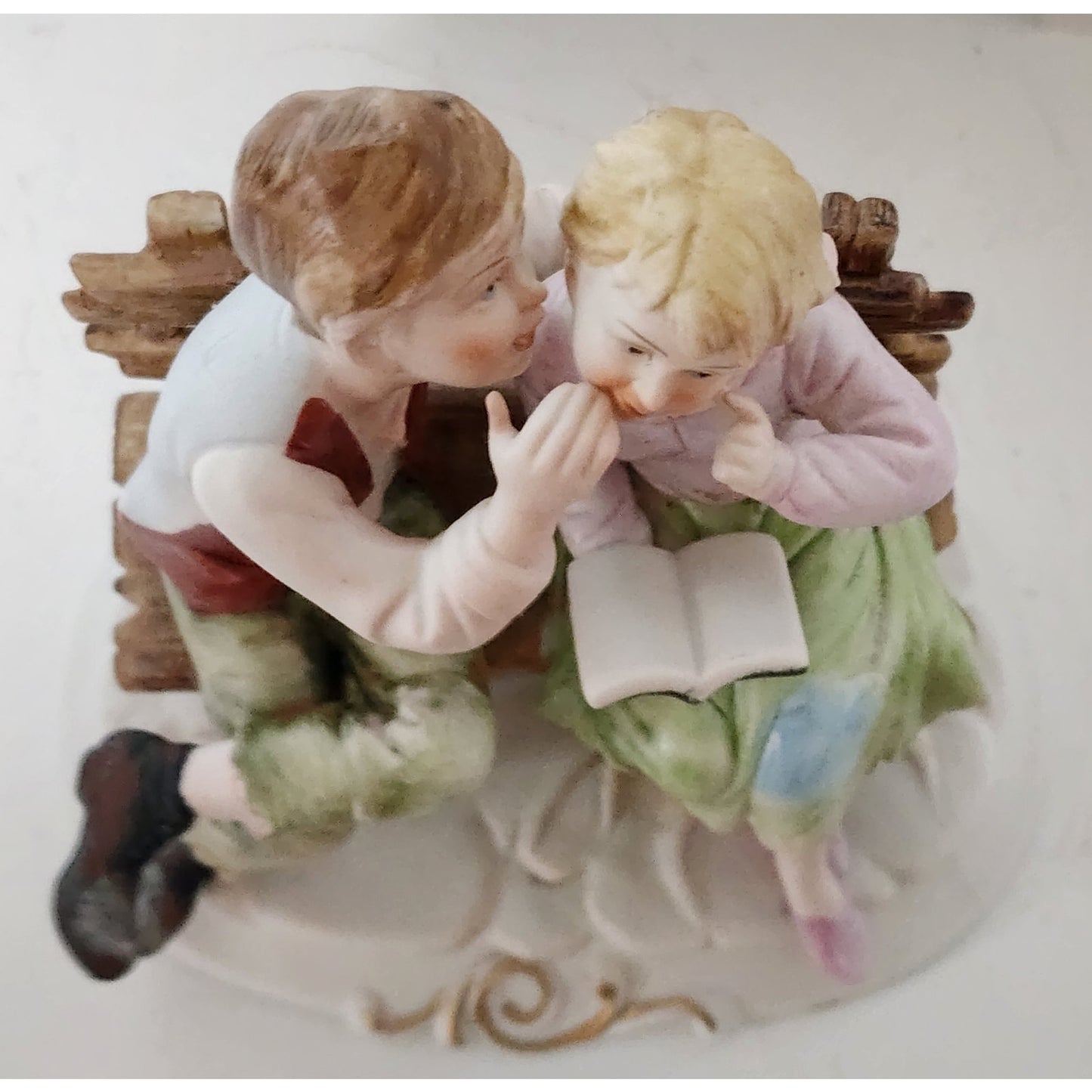 Vintage Boy Whispering to Girl On Bench Figurine Hand Painted on Bench 6"