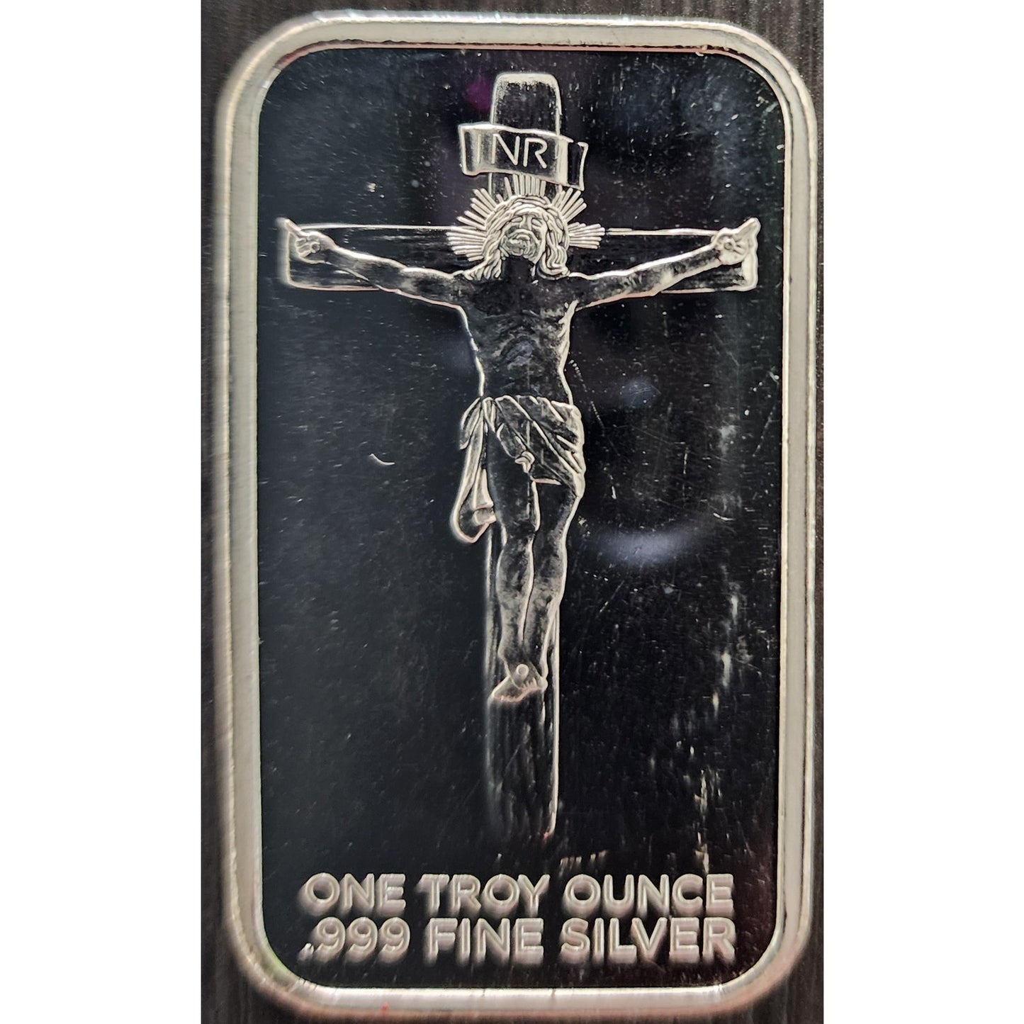 1 oz .999 Silver Bar Jesus on Cross w/ Cross Pattern Back