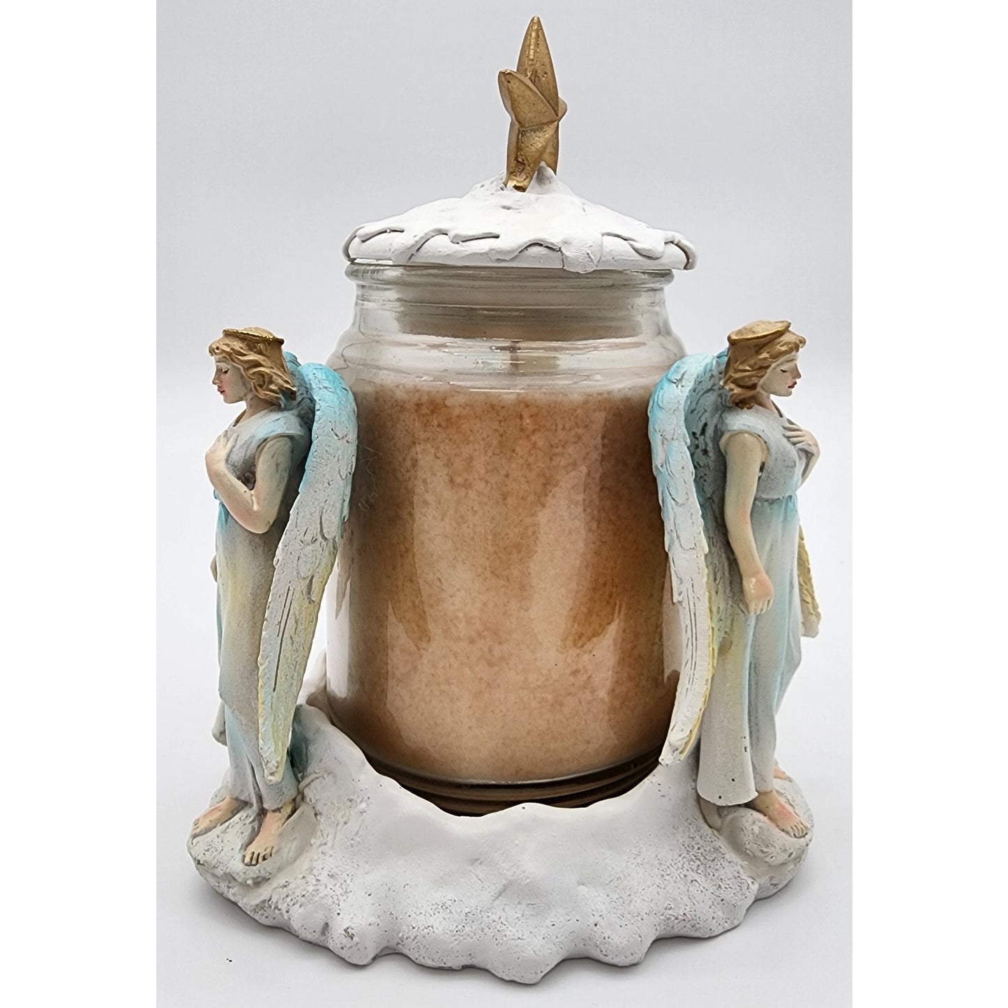 3 Angel Candle Holder w/ Lid – Ceramic Holiday Decor Butterscotch Scent Unused