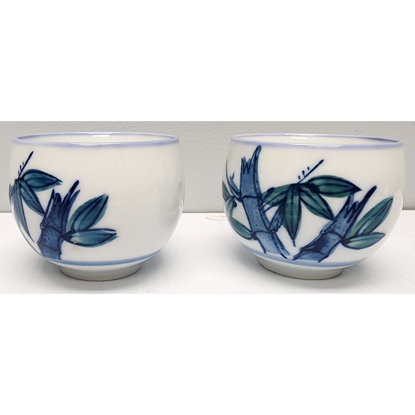Vintage Japanese Porcelain Rice Bowls Set of 2 Blue Rim Hand Painted 3" Heavy