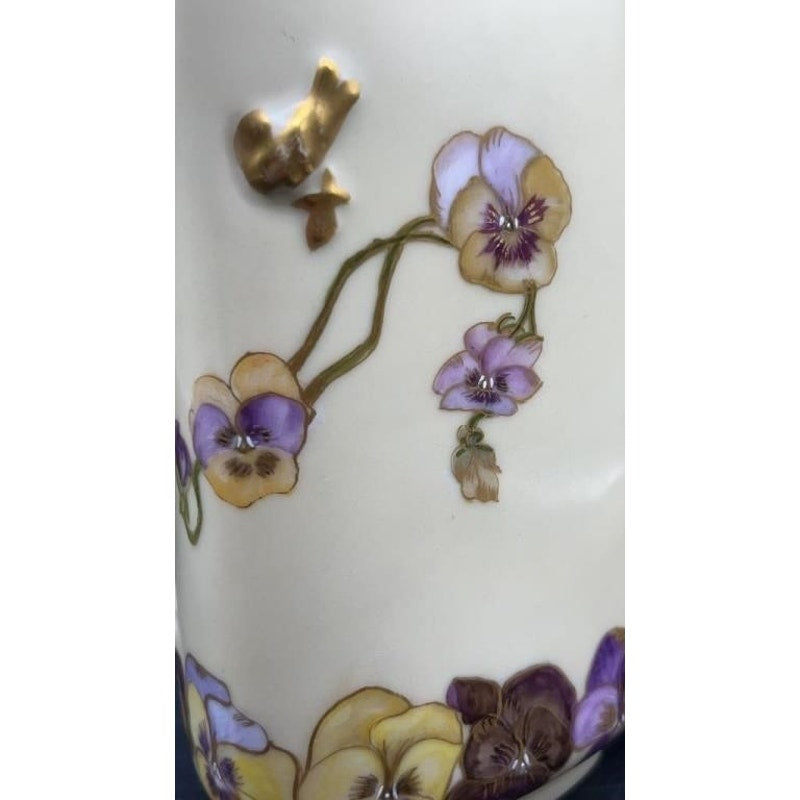 Antique H&Co Limoges Cream Pitcher 1 Pint Gold Floral Pansies - RARE