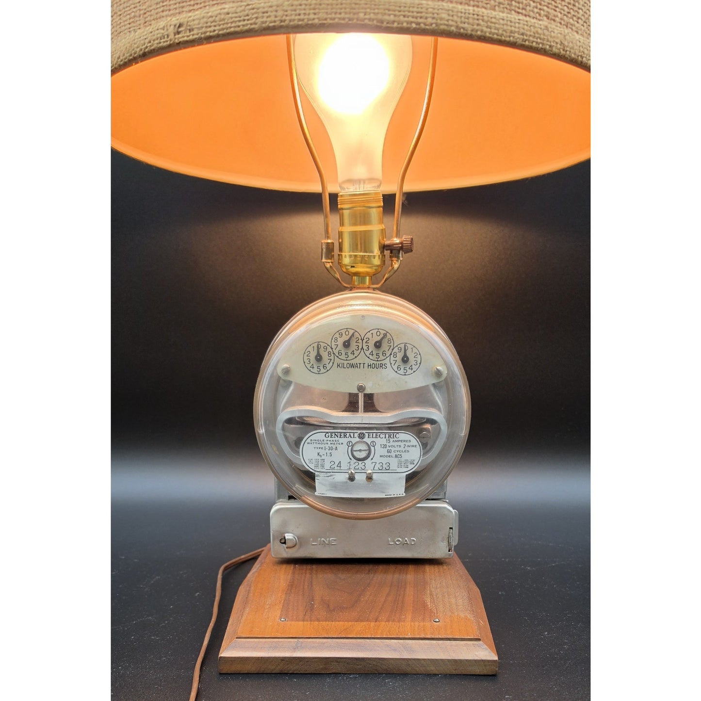 Vintage 24.5" GE KWH Meter 3‑Way Lamp w/ Burlap Shade & Wood Base Works - Rare