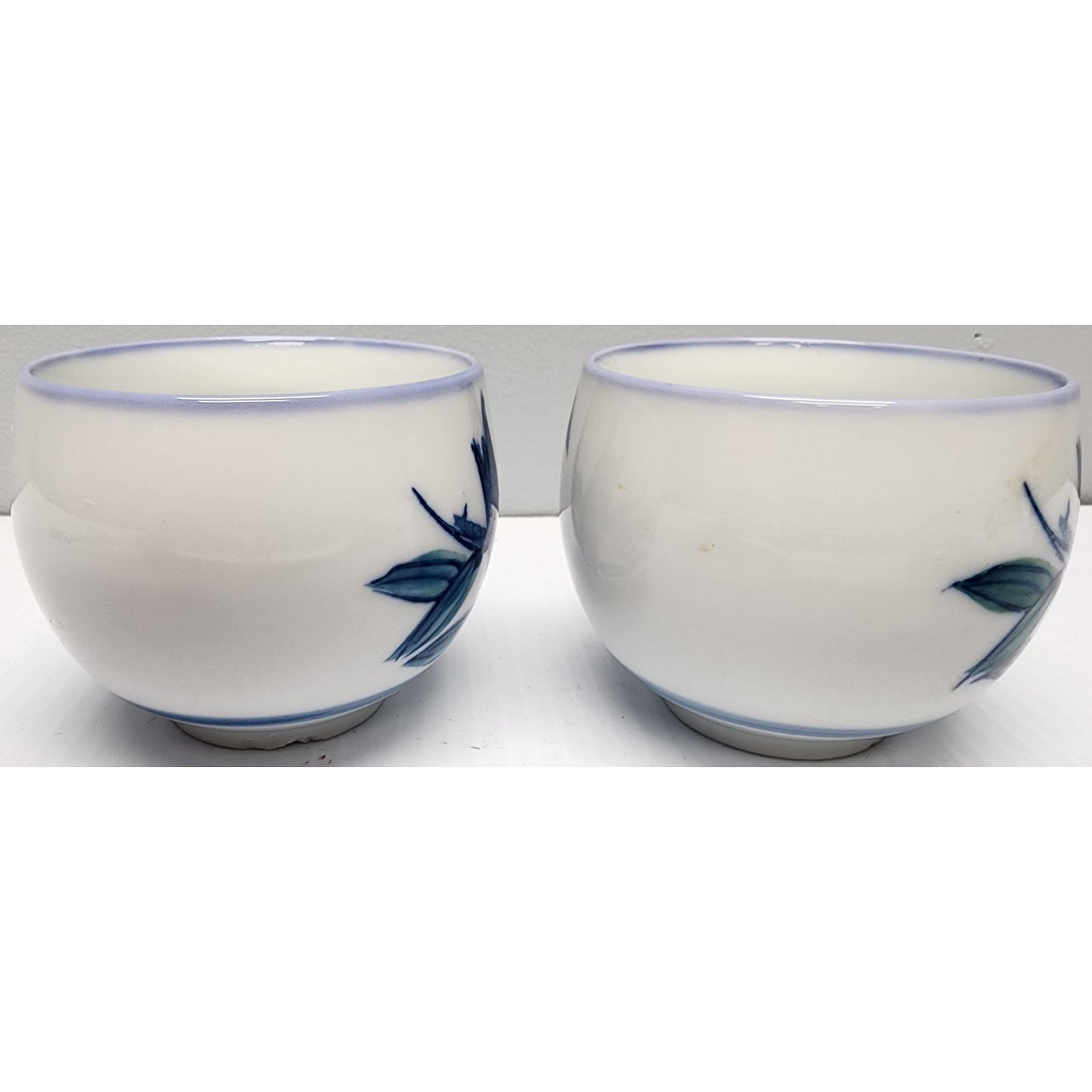 Vintage Japanese Porcelain Rice Bowls Set of 2 Blue Rim Hand Painted 3" Heavy