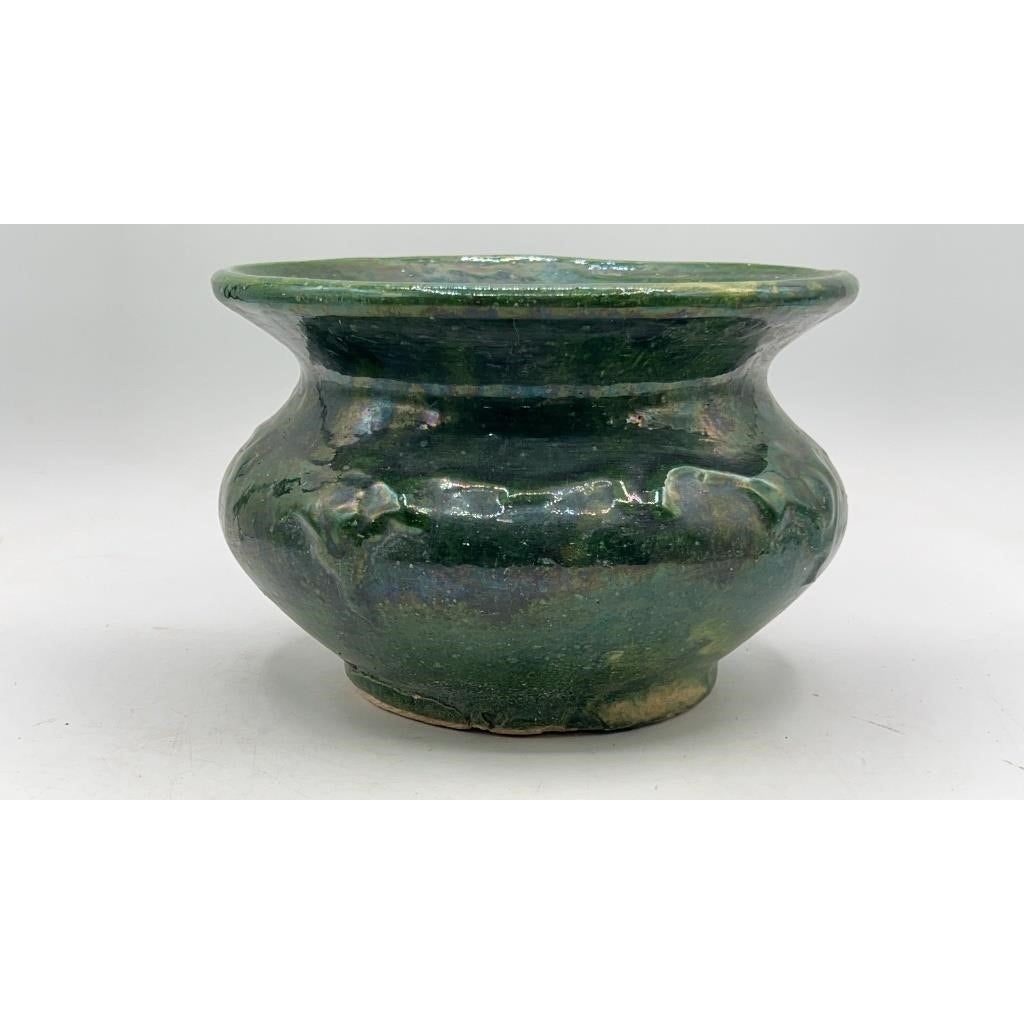 VTG Green Glazed Pottery Spittoon Vine & Floral Pattern 7.5" x 5"