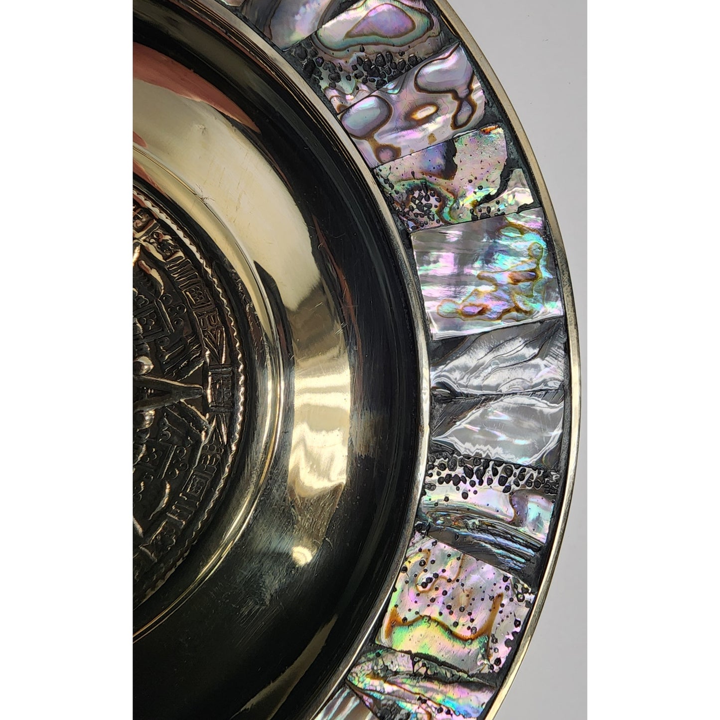 Vintage Mayan Calendar Plate – Alpaca Silver & Abalone Shell – Mexico Aztec Art