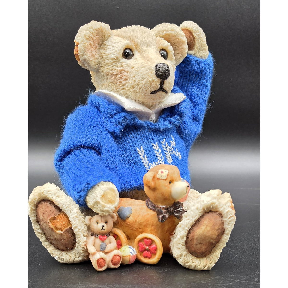 Vintage UK Bear Figurine Knit Royal Blue Sweater Cross Stitch UK Basketballs 8"