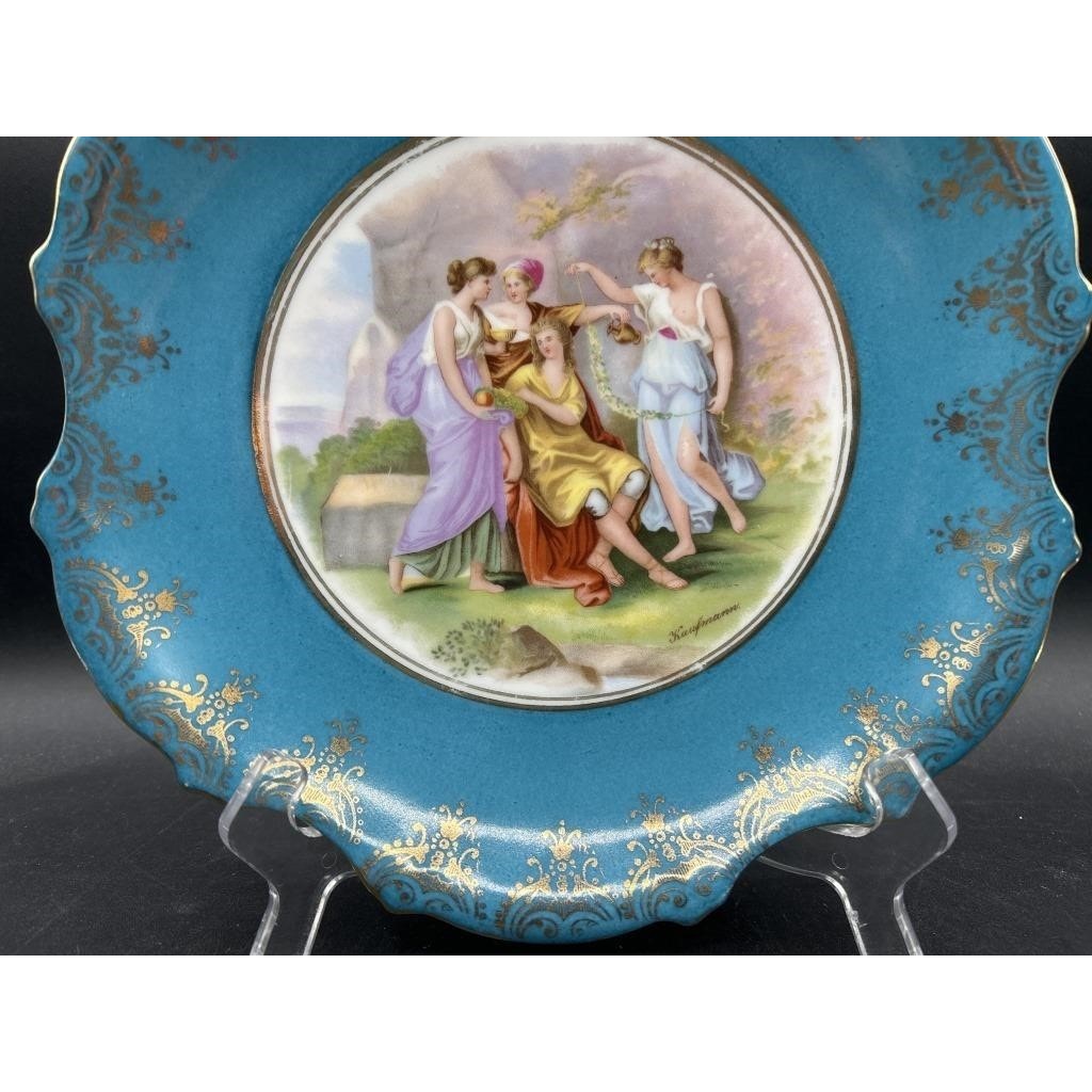 Victoria Austria Sevres Style Kaufmann Watteau Scene Plate 10" Celeste Blue 22K Gold