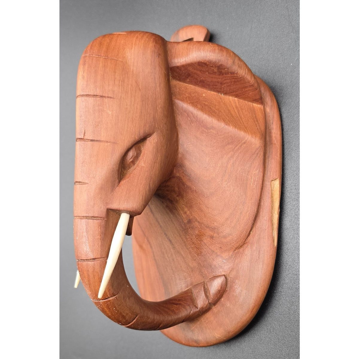 Vintage Hand Carved Wood Elephant Set Wall Hanging Plaque & Mantel Figurine Art