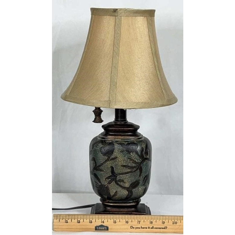 Vintage Ceramic Table Lamp Etched Floral w/ Shade & Ornate Pull Chain 18"