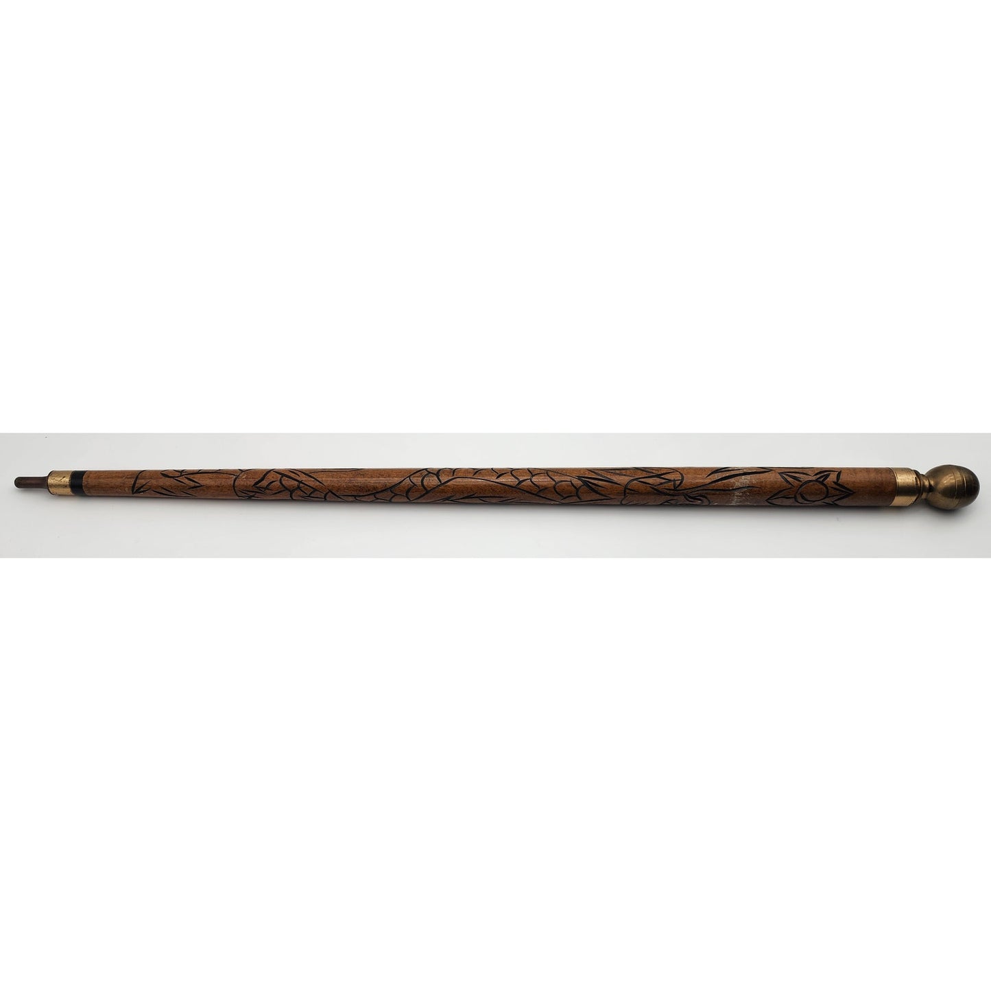 Vintage Hand Carved Wood Brass Cane w/ Hidden Pool Cue 33" - Rare
