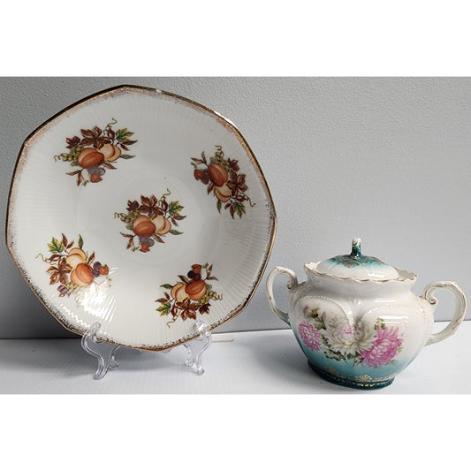 Vintage Decorative Japanese Porcelain Serving Bowl and Sugar Bowl with Lid