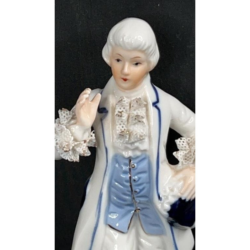 Victorian Style Blue White Porcelain Figurine Pair w/ Gold Accents Hand Painted