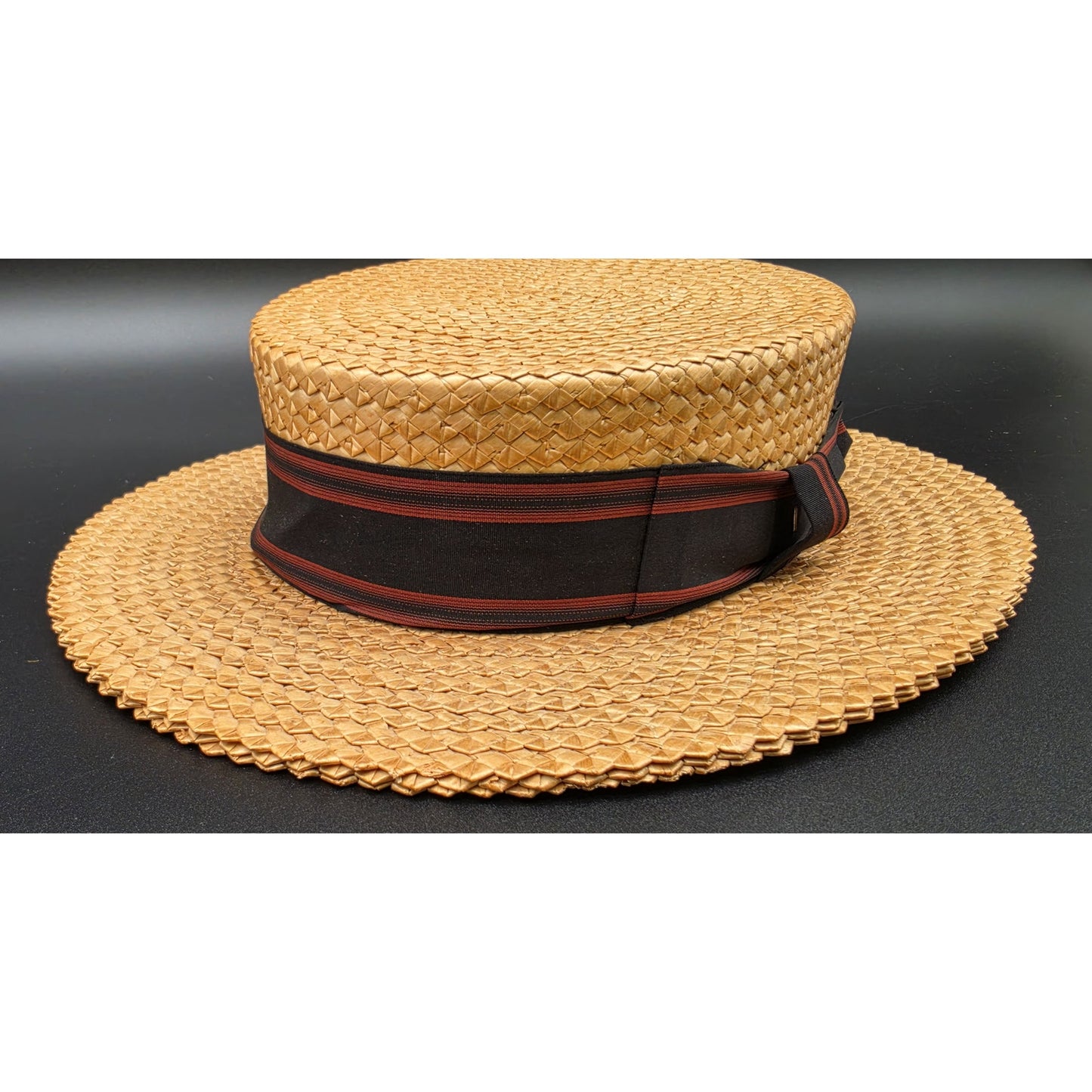 Vintage Dobbs Fifth Ave Tan Straw Boater Hat w/ Black & Red Ribbon 6oz - Nice