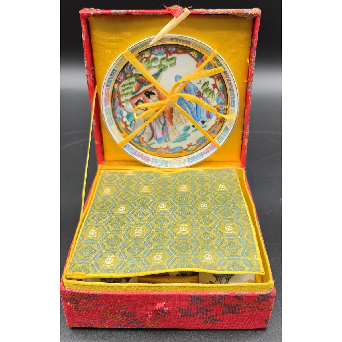 Vintage Hand Painted Porcelain Sake Tea Set 22K Gold Gilt Red Brocade Box Set