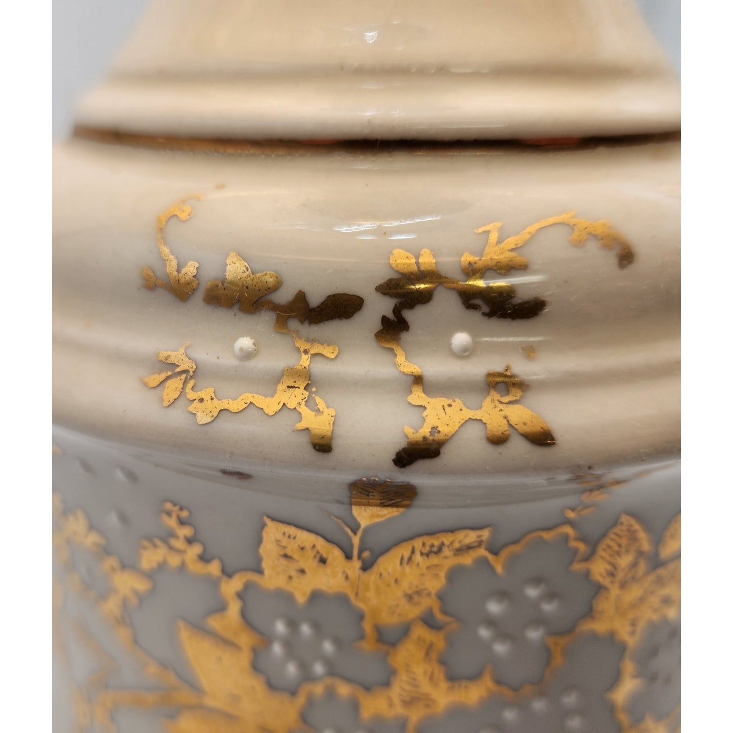 Vintage Asian Ceramic Lamp Gold Floral Relief w/ Tassel Shade 31" Tall Works