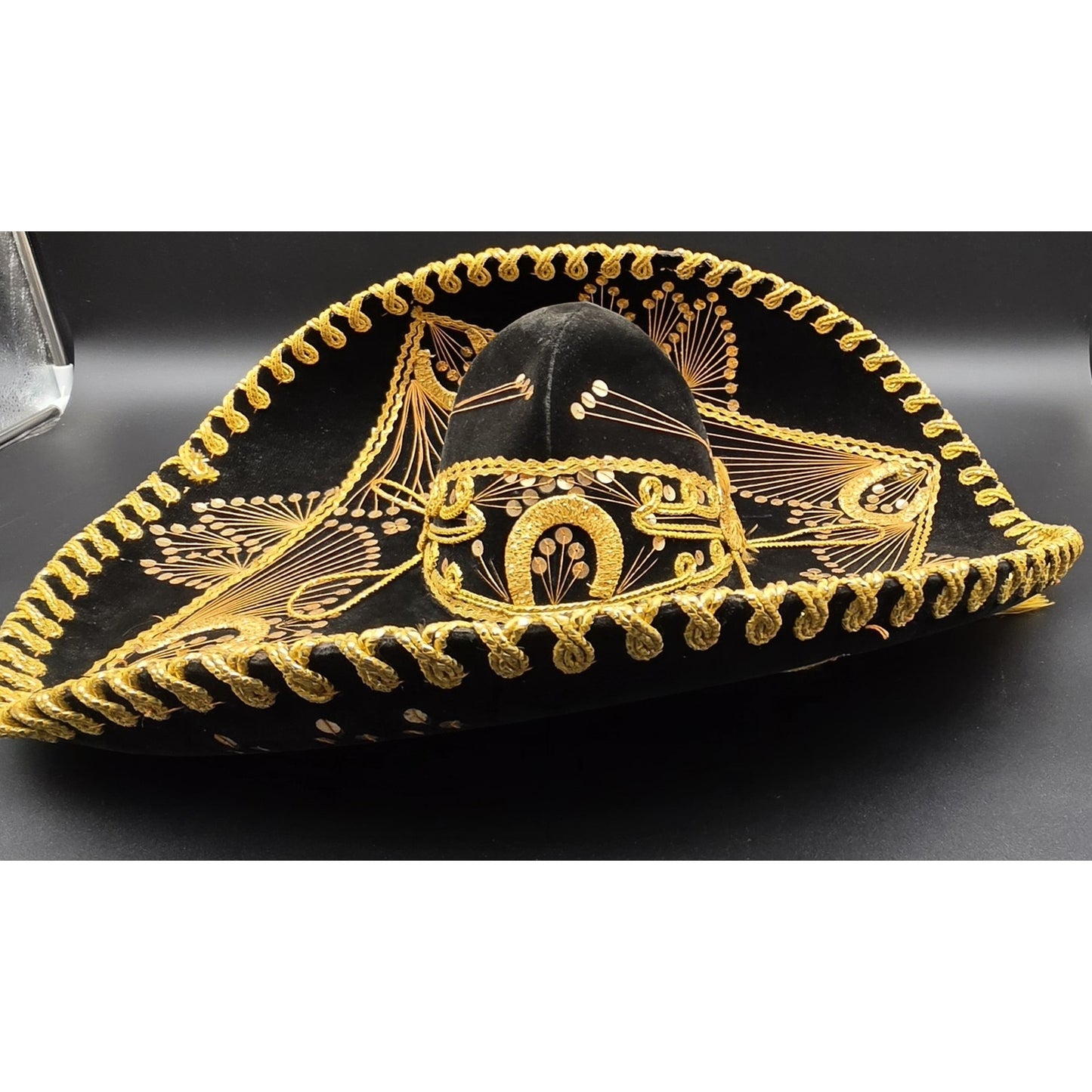 Authentic Vintage Mexican Sombrero Black Felt Gold Emb Sequin Detail 24x18x7.25